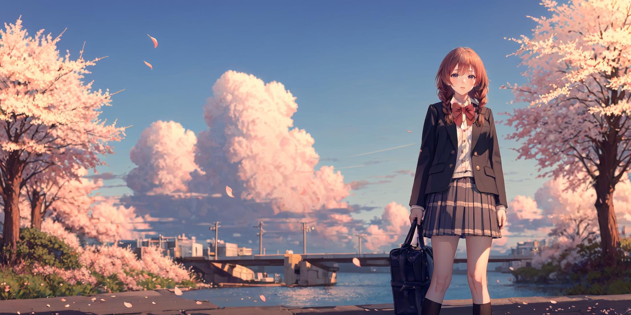 (masterpiece:1.2),best quality,PIXIV,blues,1girl,solo,cherry blossoms,pink hair,skirt,school uniform,plaid skirt,jacket,blazer,plaid,outdoors,braid,black socks,socks,tree,virtual youtuber,school bag,long sleeves,petals,blurry,pleated skirt,arms behind back,twin braids,kneehighs,standing,shoes,spring \(season\),<lora:blues_20240115150616:1>,