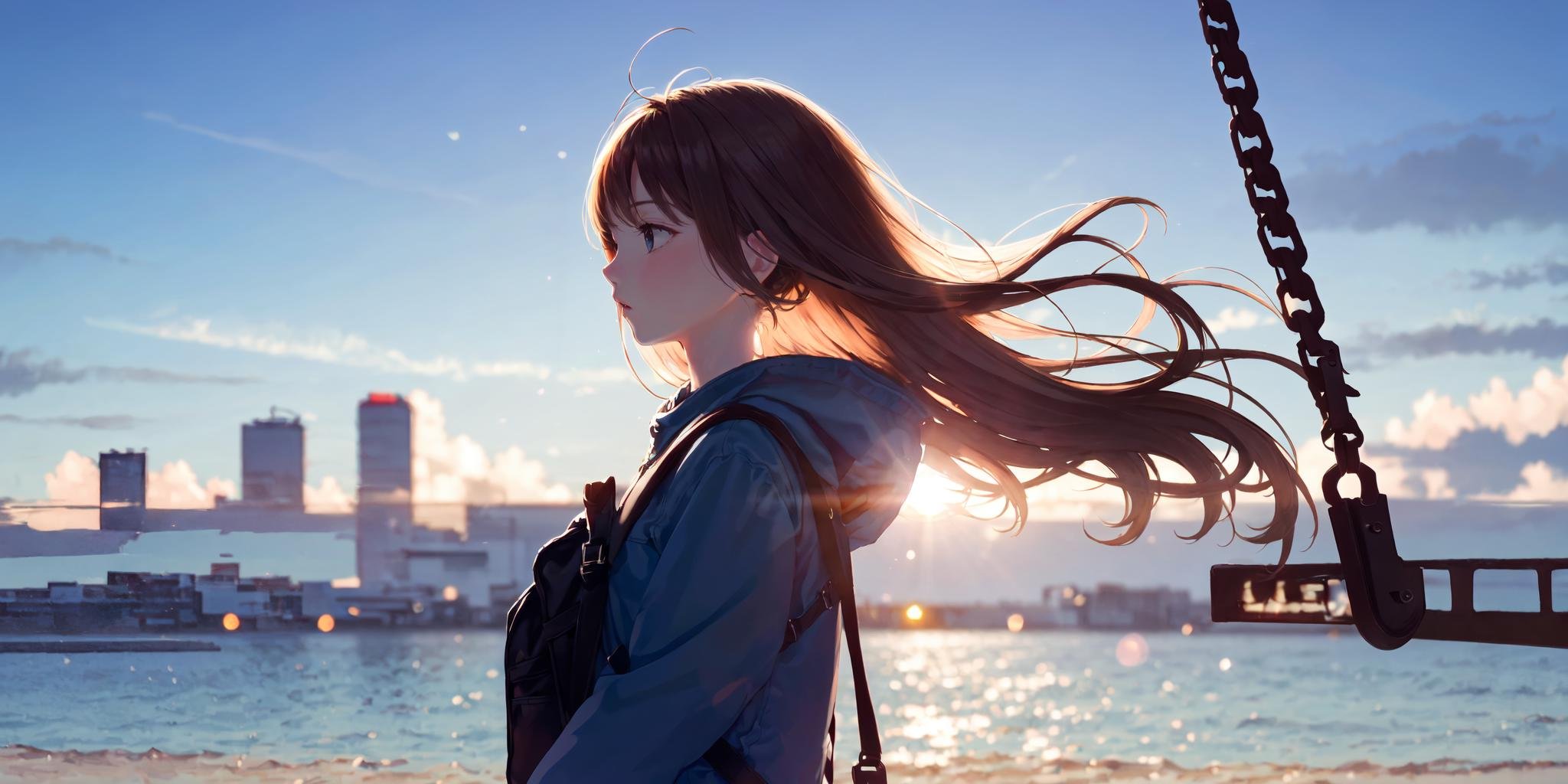 -blues,1girl,solo,sky,outdoors,bag,brown hair,coat,long hair,blurry,cloud,depth of field,blue sky,wind,scenery,lens flare,bokeh,from side,bangs,Play on a swing<lora:blues_20240115150616-000018:0.9>,