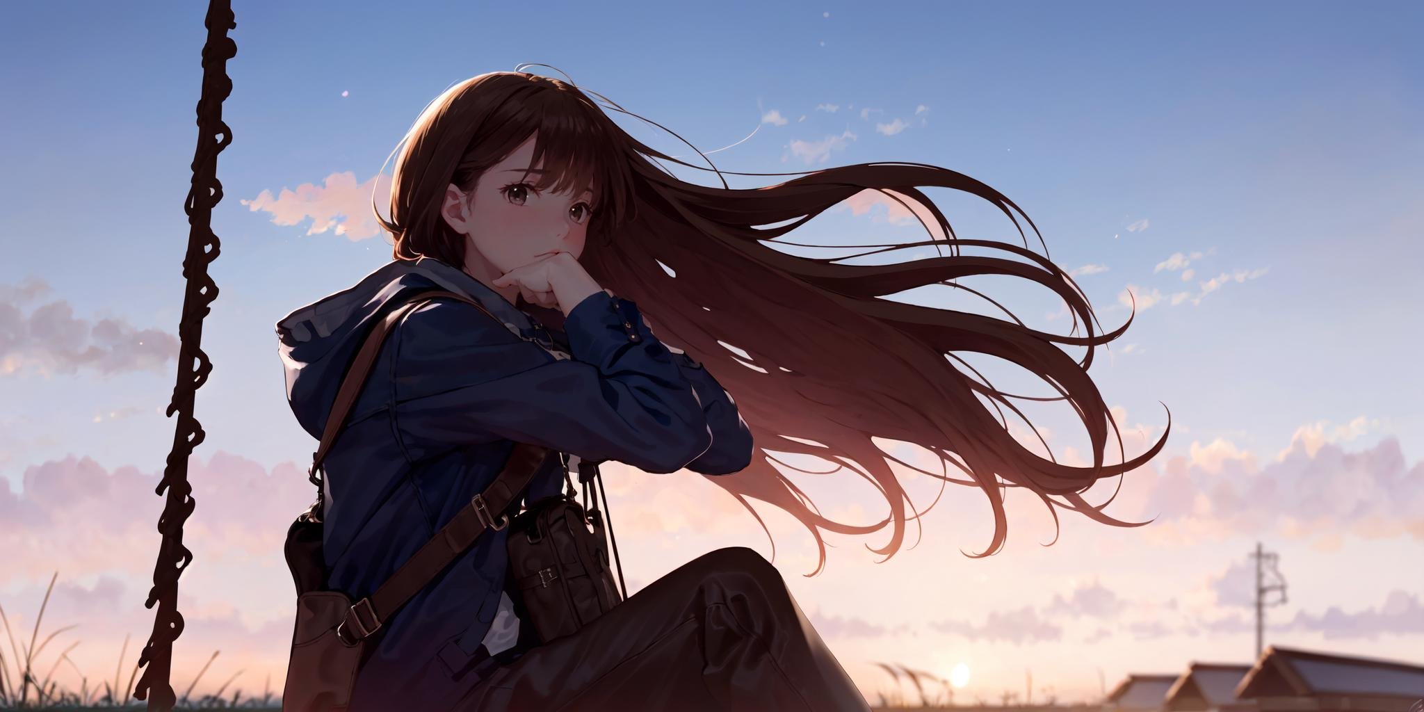 -blues,1girl,solo,sky,outdoors,bag,brown hair,coat,long hair,blurry,cloud,depth of field,blue sky,wind,scenery,lens flare,bokeh,from side,bangs,She is sitting on the swing,<lora:blues_20240115150616-000018:0.9>,