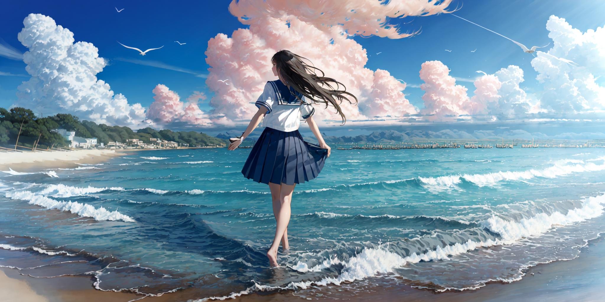 (masterpiece:1.2),best quality,PIXIV,blues,1girl,bird,cloud,solo,sky,outdoors,skirt,black hair,scenery,barefoot,long hair,day,school uniform,holding shoes,shoes,shoes removed,water,blue sky,seagull,serafuku,pleated skirt,contrail,ocean,shirt,white shirt,lighthouse,blue skirt,holding,blurry,walking,from behind,building,depth of field,short sleeves,<lora:blues_20240115150616-000018:1>,