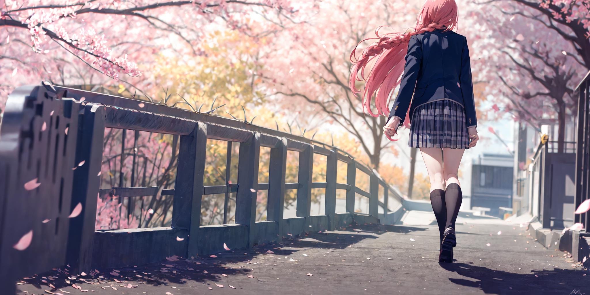 (masterpiece:1.2),best quality,PIXIV,blues,1girl,solo,cherry blossoms,pink hair,skirt,school uniform,plaid skirt,jacket,blazer,plaid,outdoors,braid,black socks,socks,tree,virtual youtuber,school bag,long sleeves,petals,blurry,pleated skirt,arms behind back,twin braids,kneehighs,standing,shoes,spring \(season\),<lora:blues_20240115150616-000018:1>,