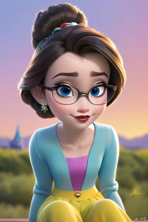 disney, a drawing of a woman wearing glasses , anime girl, random hair style, beautiful detailed eyes, random uniform,  sunset,  random view, jewelry,  solo,  earrings,  watch,  glasses,  gradient,  wristwatch,  a character portrait , sitting,  leaves,  long sleeves,  red lips,  realistic,<lora:EMS-266881-EMS:1.000000>