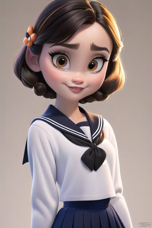 disney,  solo,  1girl,  sleeves past wrists,  school uniform,  sleeves past fingers,  skirt,  simple background,  bangs,  hair ornament,  serafuku,  white background,  short hair,  parted lips,  pleated skirt,  long sleeves,  muted color,  neckerchief,  brown hair,  sailor collar,  black skirt,  blunt bangs,  cowboy shot,  orange eyes,  black sailor collar,  looking at viewer,<lora:EMS-266881-EMS:1.000000>