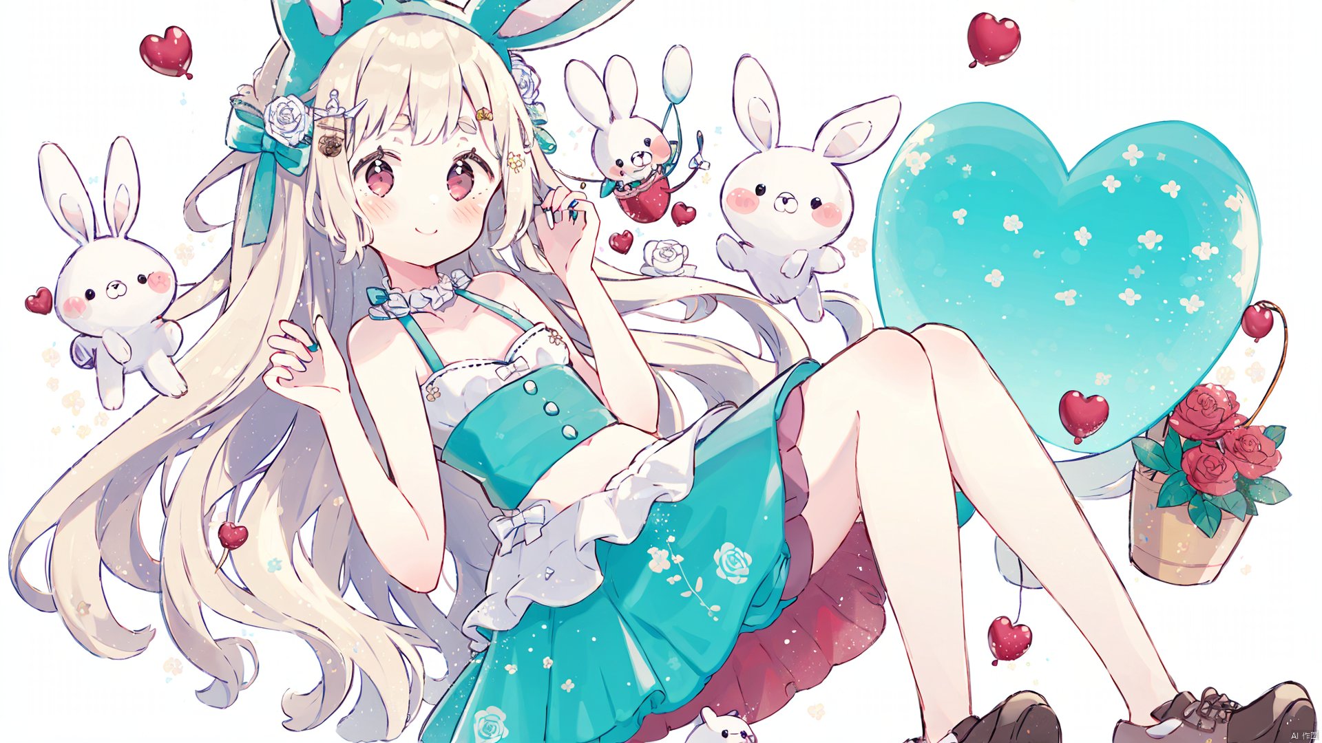 1girl, solo, animal ears, smile, short eyebrows, long hair, bare shoulders, rose, skirt, very long hair, hands up, closed mouth, flower, blush, rabbit ears, hair ornament, picture frame, balloon, red rose, red flower, bangs, camisole, rabbit, pleated skirt, red eyes, yellow footwear, thick eyebrows, blue skirt, looking at viewer, white background, bare arms, animal, heart hair ornament