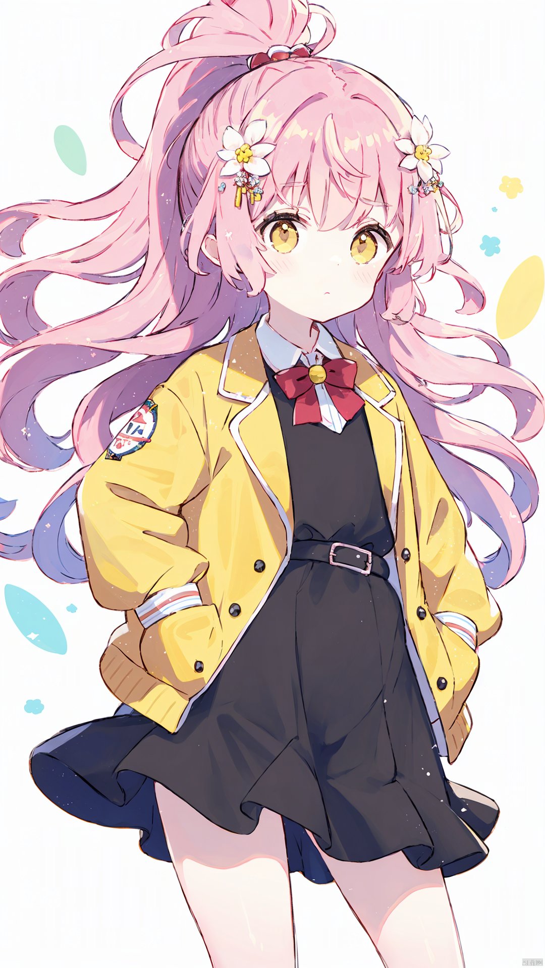  (best quality), ((masterpiece)),loli),(petite),Pink hair,Yellow eyes, (red Jacket),high ponytail,white collared shirt,hair flower,fipped hair,floating hair,Frown,hands in pockets,black dress,red bowtie