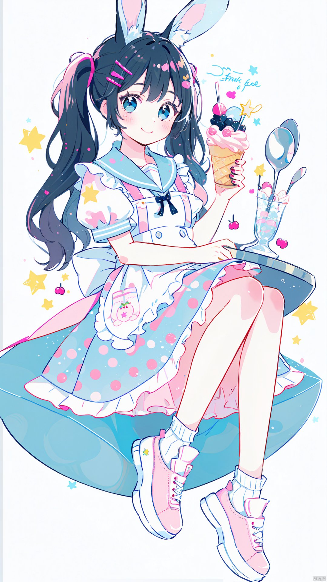 1girl, solo, animal ears, spoon, closed mouth, holding, pink sailor collar, holding spoon, white apron, rabbit ears, frilled apron, short sleeves, sailor collar, twintails, long hair, blush, apron, shoe soles, socks, blue eyes, food, smile, white socks, shoes, ice cream, bangs, frills, cup, hairclip, shirt, white shirt, sitting, hair ornament, black hair, white background, pink footwear, star \(symbol\), pink skirt, tail, bow, polka dot, looking at viewer, blue background, skirt, holding food