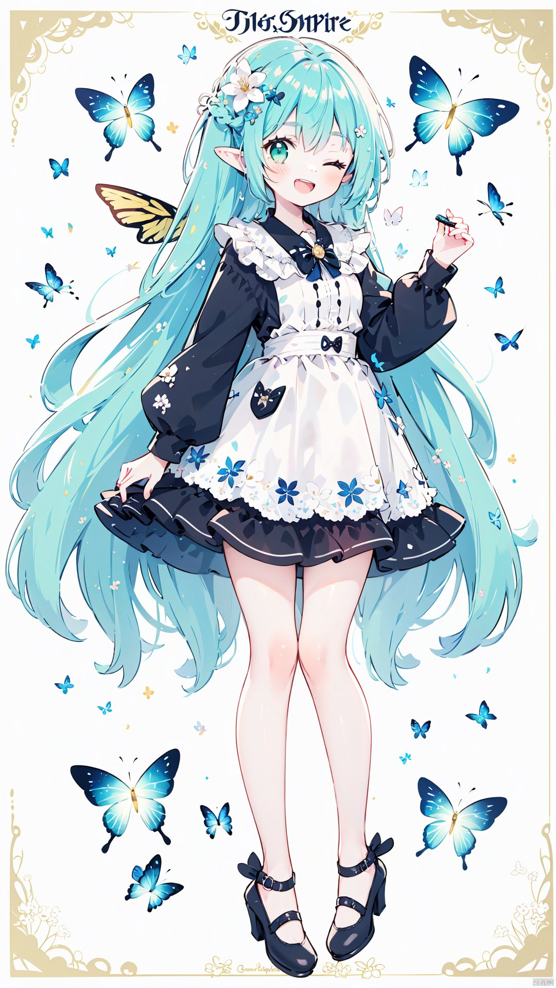 expressive-cartoons,1girl, dress, long hair, solo, butterfly, one eye closed, bug, green hair, flower, braid, wings, very long hair, open mouth, full body, pointy ears, smile, high heels, white dress, green eyes, hair flower, long sleeves, hair ornament