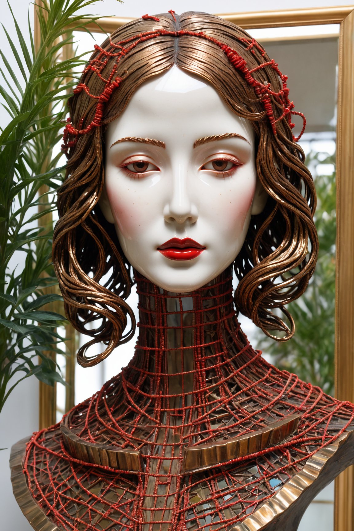 ((masterpiece)), (((best quality))), ((ultra-detailed)), beautiful woman made of bronze frame, pieces of ceramics, pieces of mirrors, red threads representing hair, with some plants coming out of this sculpture ,aw0k euphoric style,aw0k euphoricred style
