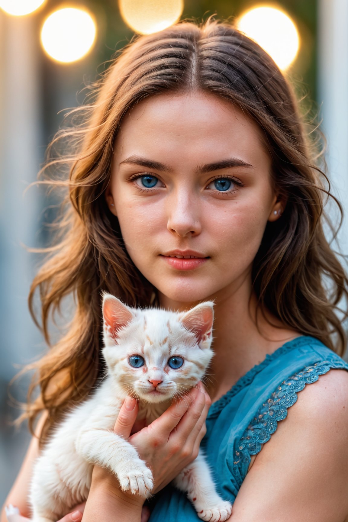 cinematic upper body photo a woman holding a kitten in her hands, ((best best quality)), ((masterpiece)), ((realistic)), (detailed), blush, (masterpiece), absurdres, HDR , . 35mm photograph, film, bokeh, professional, 4k, highly detailed, detailed skin texture, (goosebumps:0.5), subsurface scattering, pure skin, skin pores, blue eyes
