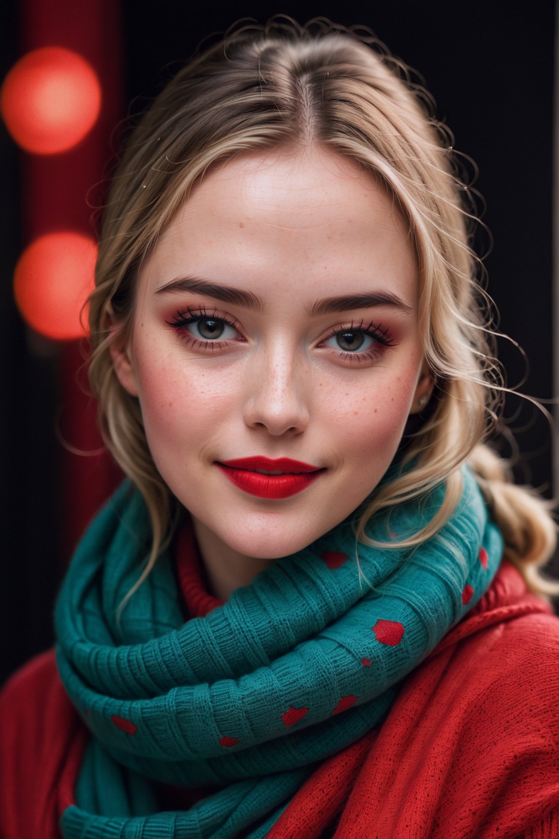 Analog RAW photo portrait of the most beautiful woman in the world with blonde hair and big bright eyes and shiny lips with dark makeup wearing a red sweater and scarf, dark theme, full glossy red lips, masterpiece, ultrarealistic, skin details, a wide smile, blushed cheeks, a sparkle of freckles