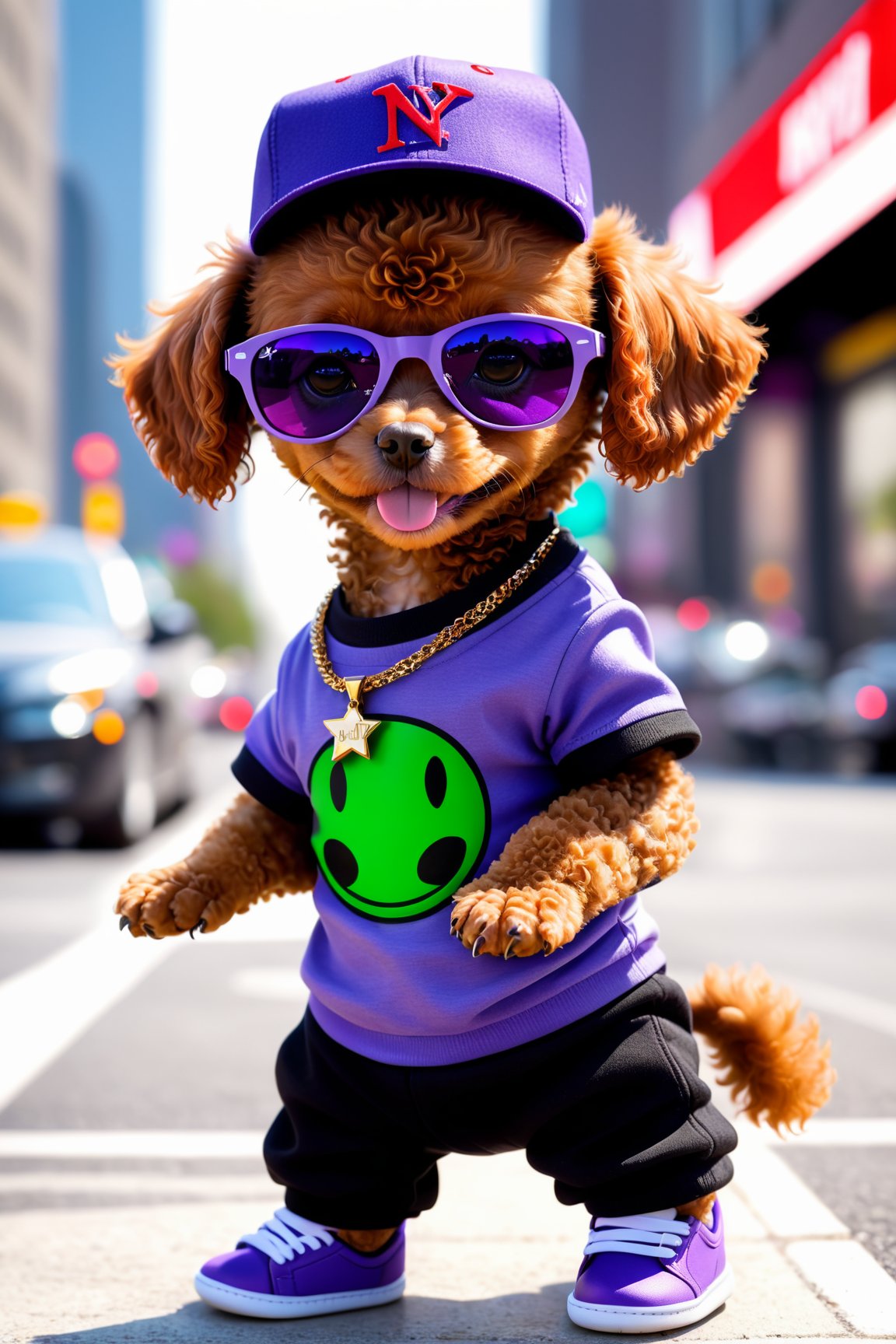 Create a photorealistic depiction of a cute, fat, short red-brown toy poodle face baby alien. The alien should be wearing a purple NY cap, sunglasses, an oversized tee, black pants, purple Air Jordan shoes, and a big dollar sign necklace. The scene should portray the alien crossing its arms while standing at a street corner. Ensure high-quality details in the rendering, capturing the adorable and quirky elements of the character. Utilize a lens like (((macro))) for close-up details and specify a lens size for a realistic and endearing result.