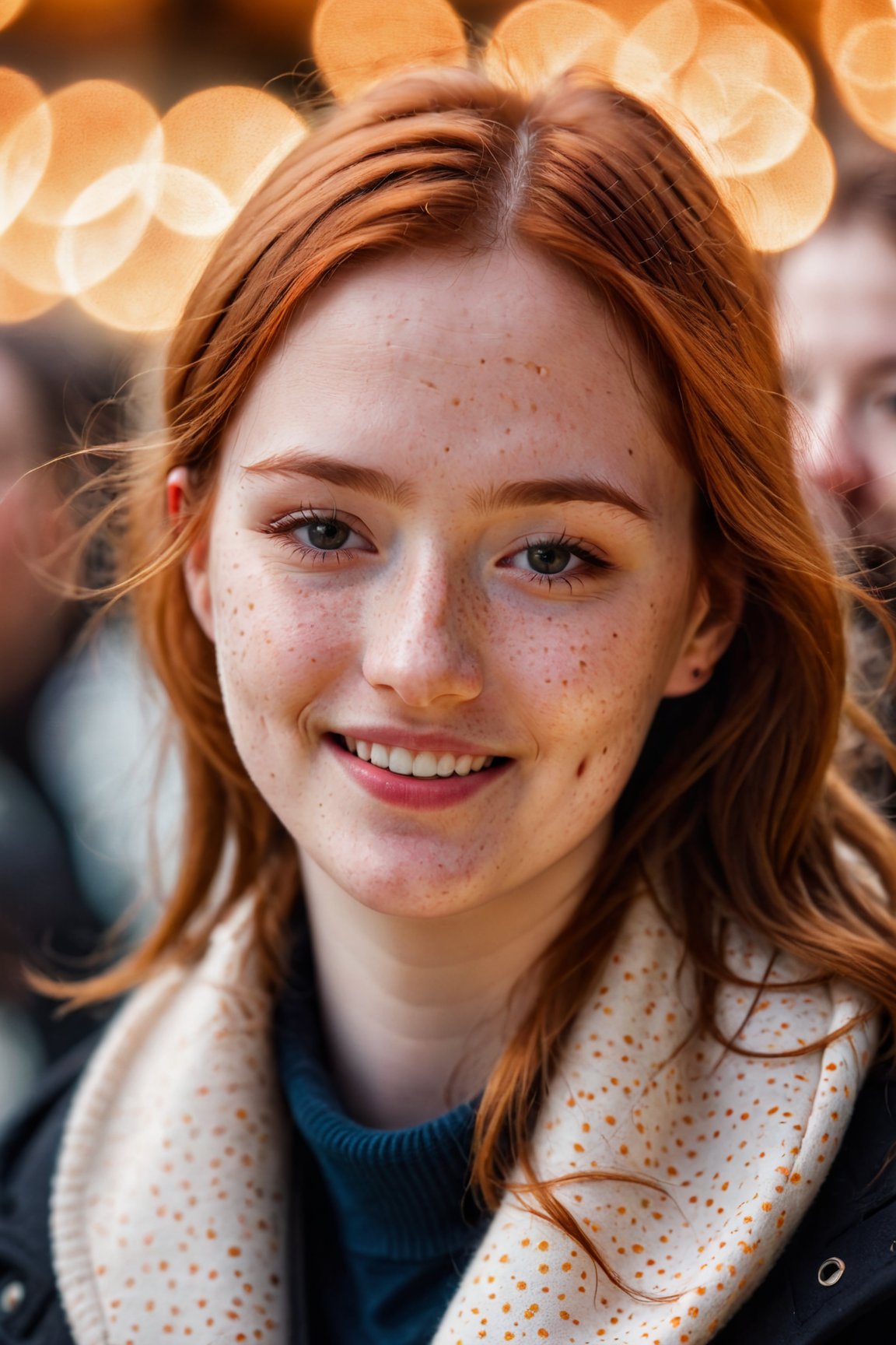 closed lips, cute smile, cinematic photo (art by Mathias Goeritz:0.9) , photograph, Lush Girlfriend, Tax collector, Rich ginger hair, Winter, tilt shift, Horror, specular lighting, film grain, Samsung Galaxy, F/5, (cinematic still:1.2), freckles . 35mm photograph, film, bokeh, professional, 4k, highly detailed ,1 girl,midjourney,yuzu, perfect, fingers,
