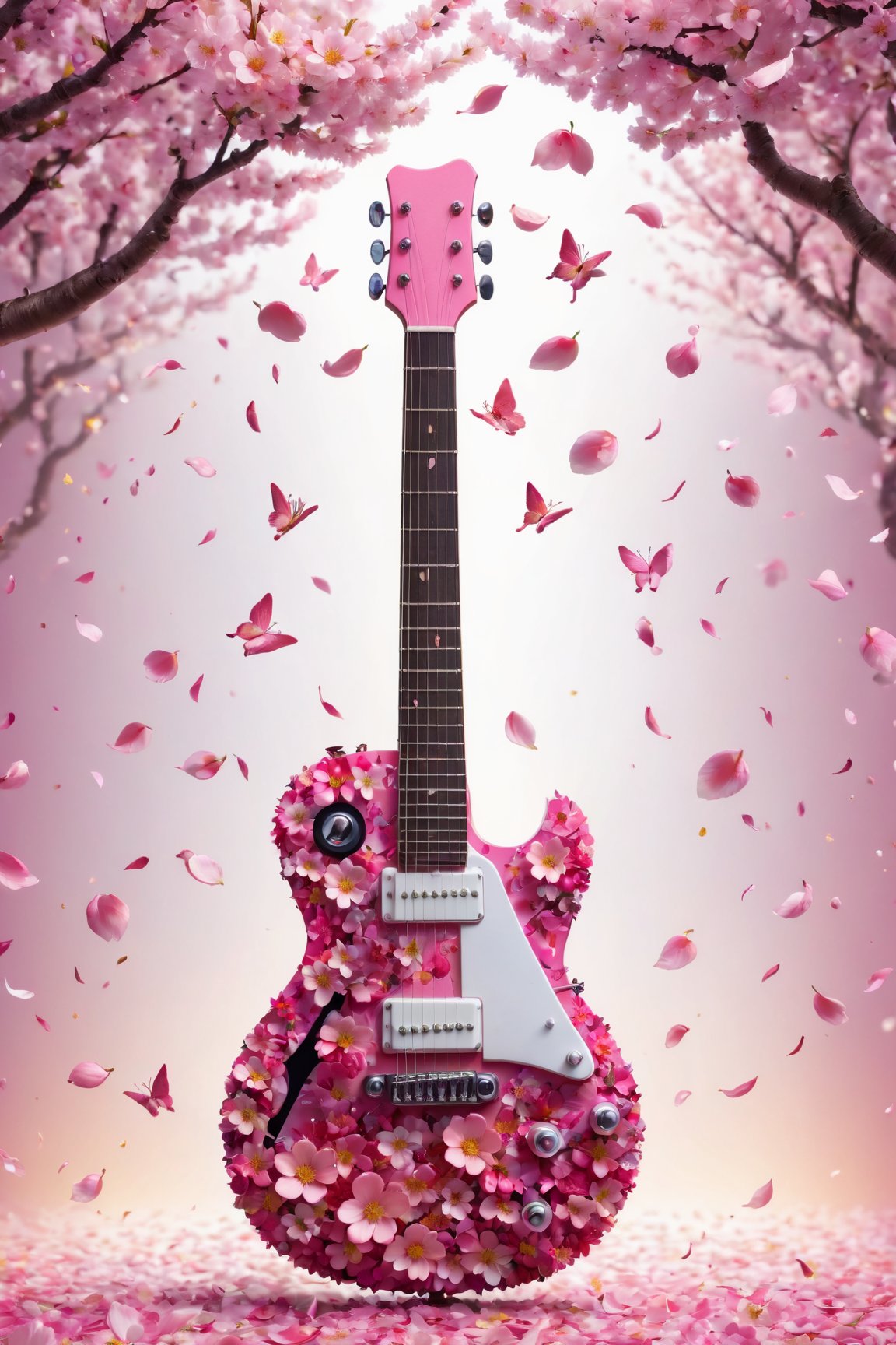 (high quality, best quality, 4k, 2k, (intricate:1.1), (high detail:1.3)), ((abstract background, spring \(season\))), (official wallpaper, volumetric lighting, dynamic lighting, Hyperdetailed Photography), pink guitar, ((guitar made of flowers, flower guitar)), no humans, cherry blossoms, petals, falling petals,
