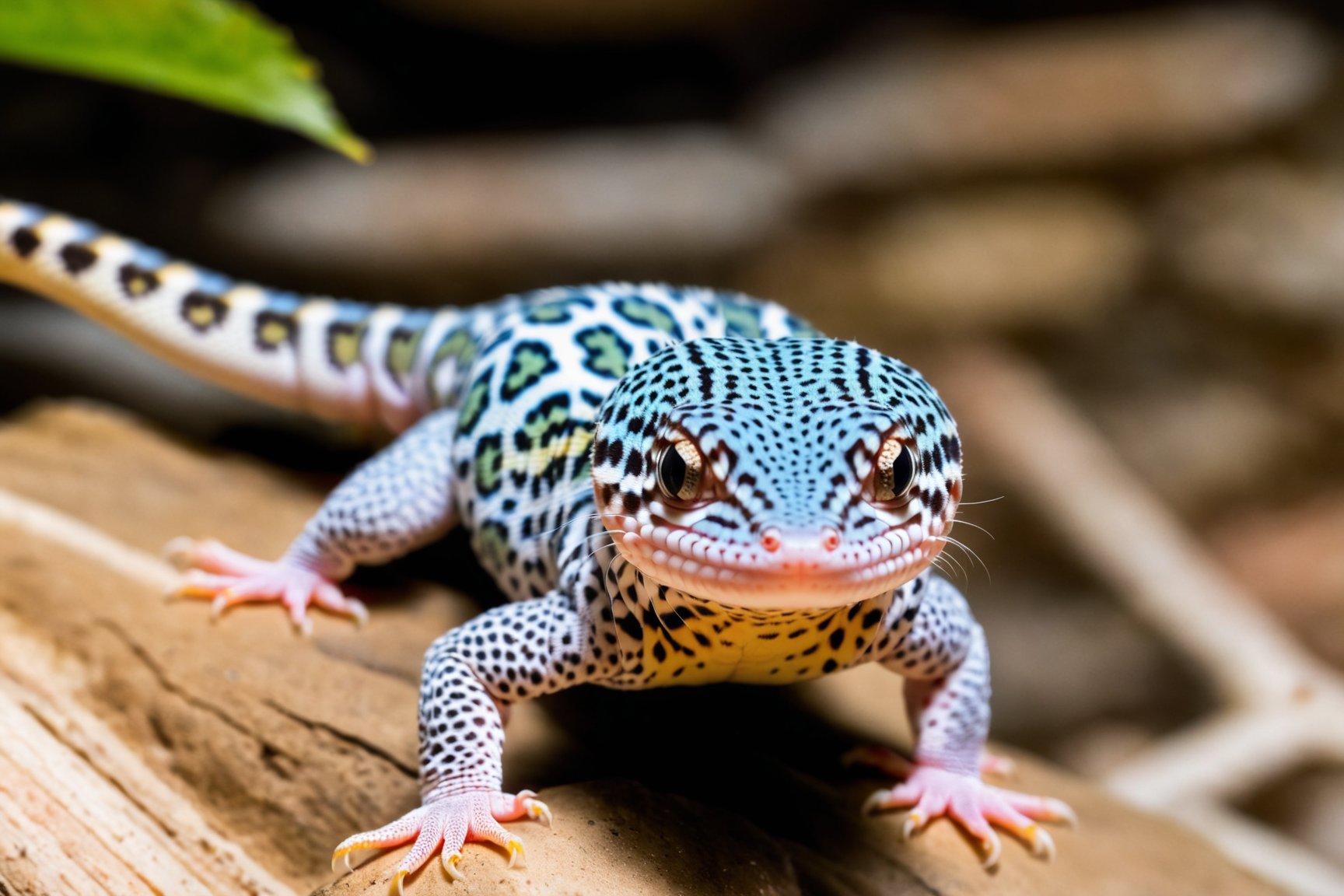 Albino Striped Leopard gecko is staring nervously sharp focus) (high-definition, (((full body shot: 1.5))), shot from above, Even the tail appears on the screen.
