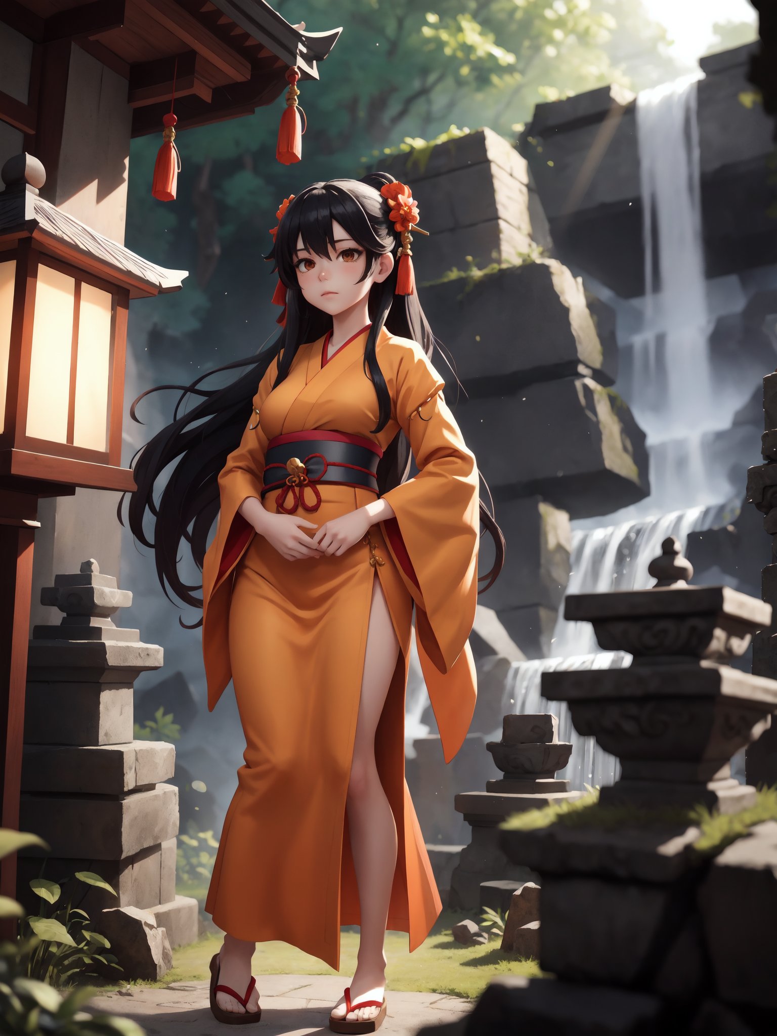 best quality, highly detailed, detailed background, female, very long hair, black hair, hair pin, orange oriental dress, shrine maiden, standing, ancient ruins, inside shrine, darkness, light rays, floating cubes, waterfall, stone temple walls, depth of field, blurry background