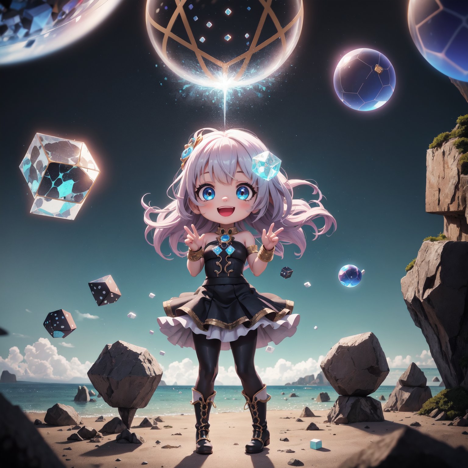 best quality, highly detailed, detailed background, female, chibi, magician's dress, bodysuit, leggings, skirt, frilly wristbands, fancy boots, standing, happy, cheerful, wide eyes, outdoors, fantasy island, floating rocks, magical, (magic circle:1.2), (spheres:1.1), (cubes:1.1), crystalized, bioluminescence, rolling clouds, depth of field