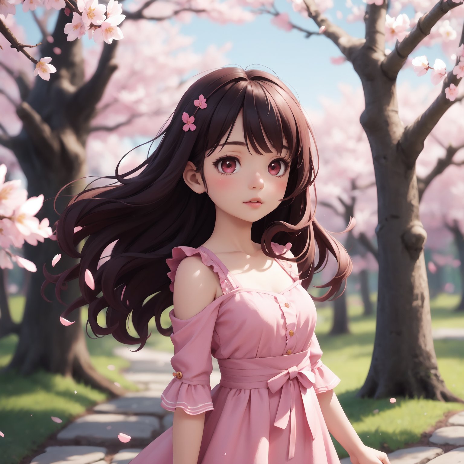 high quality, highly detailed, detailed background, girl, very long hair, curly hair, pink dress, frills, face shot, close up, stone path, cherry blossoms, sunlight, sakura, windy, abstract, environment, forest, depth of field, blurred background