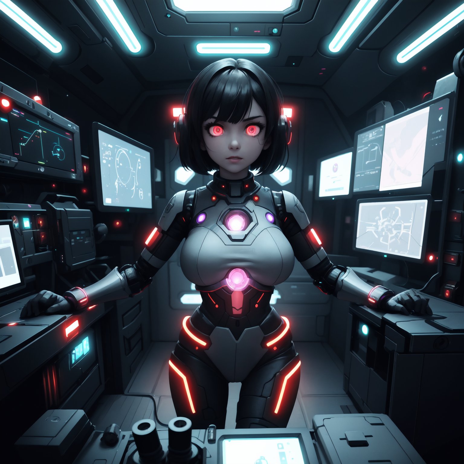 best quality, highly detailed, detailed background, female android, short hair, face lines, implants, glowing eyes, combat suit, large breasts, metal bracers, determined, inside space ship, open cargo, futuristic, sci-fi, test cylinders, led indicator, neon lines, command console, galaxy, glass display