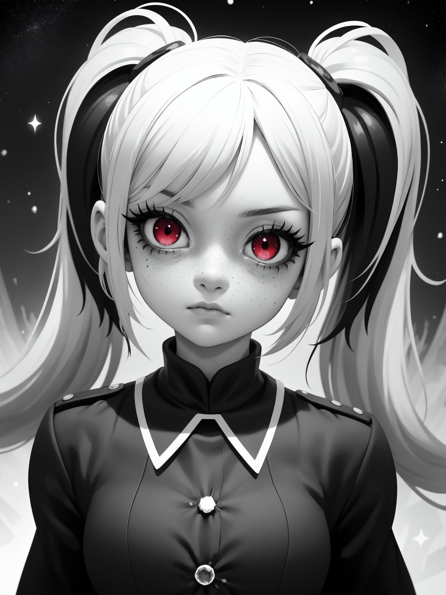 monochrome, black and white, best quality, highly detailed, detailed background, female, freckles, uniform, gothic, red eyes, heavy makeup, mascara, long hair twin tails, staring, (swirling:1.2), (stars:1.1), (bleeding:0.7), stoic, misty, (flame:0.8), headshot, portrait, upper body, distorted digital noise, crystalized, shattered fish eye lens