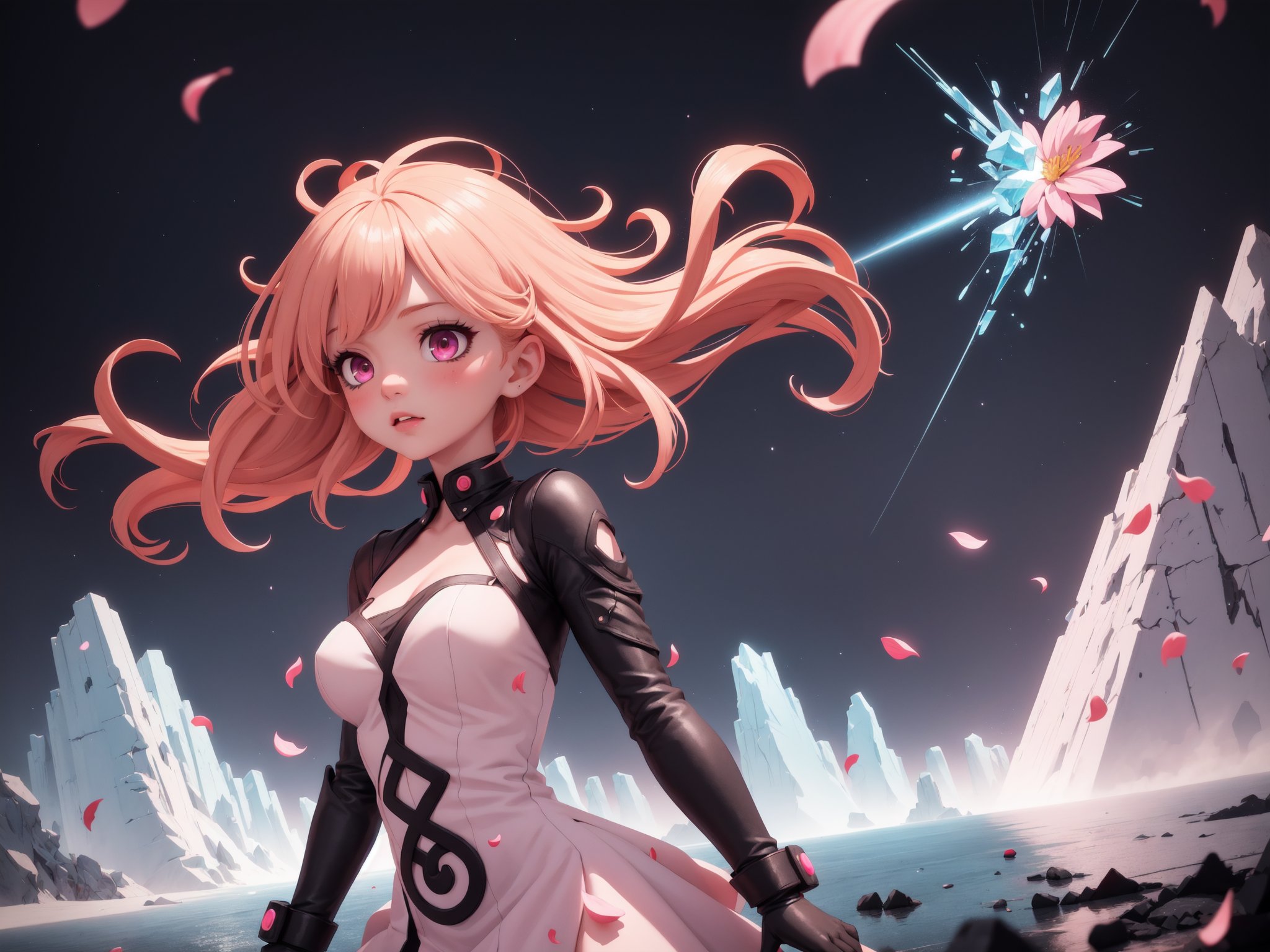 masterpiece, high quality, highly detailed, detailed background, high (contrast:1.1), (vector:0.7), vibrant, colorful, abstract, female, girl, (long hair:1.3), multicolored hair, acrylic (dress:1.1), pink frills, gloves, (corset:0.6), looking away, low-angle view, (side view:0.6), upper bodyBREAK large tower, gates, mountains, lake, water, (floating:1.3) islands, (chaos:0.5), night sky, dark, shadows, universe, galaxy, falling star, flower petals, reflective, windy, swirls, night sky, dark, neon, bright shimmers, fractal, glowing particles, crystalized, cryptic, artifacts, cataclysmic, raining, shattered