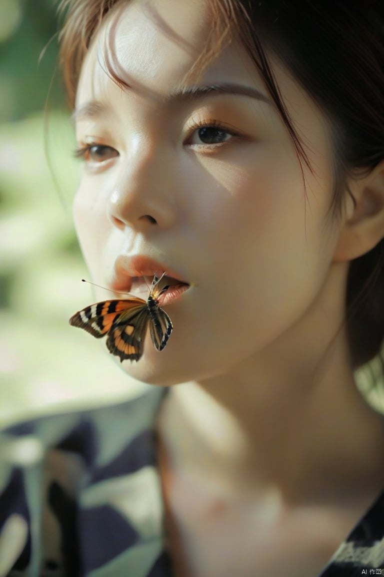 blurry, blurry foreground, bow, bug, depth of field, a woman holding a butterfly in her mouth and looking at the camera with a blurry background of her face,HDR photo of ,High dynamic range, vivid, rich details, clear shadows and highlights, realistic, intense, enhanced contrast, highly detailed,\nbreathtaking ,award-winning, professional, highly detailed