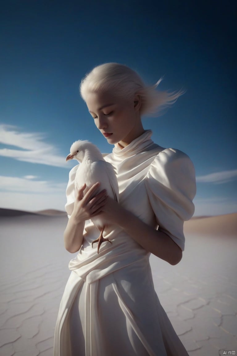  a woman in a white dress holding a white bird in her hands in the desert with a blue sky in the background,