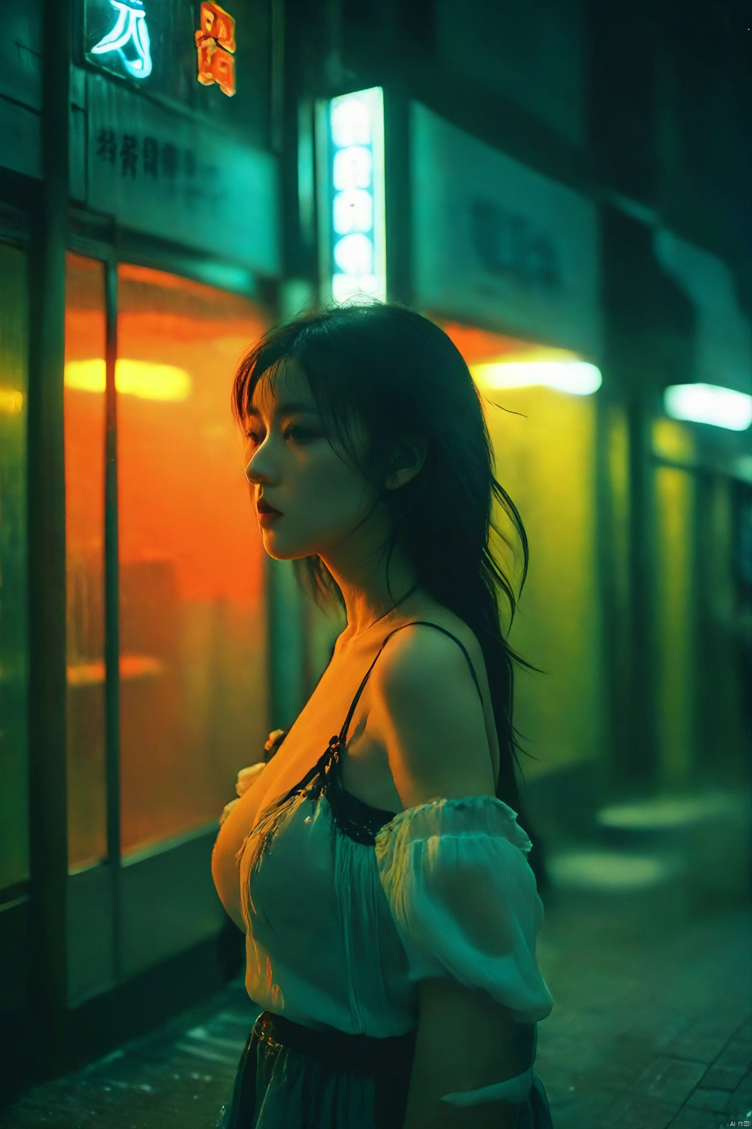  1girl,film grain, Fujifilm XT3, night shot, 1girl, (big breasts:1.56)
,BREAK,
Shanghai streets in the 1980s, neon lights at night, Wong Kar-wai movie lighting texture, sunlight