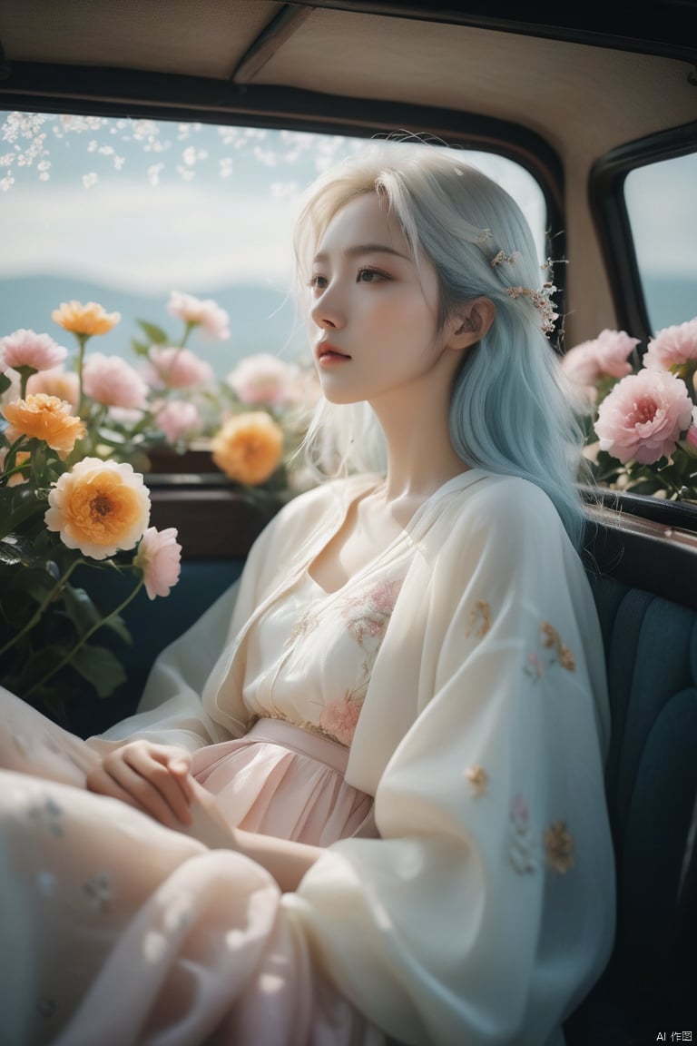  breathtaking ethereal fantasy concept art of cinematic film still,chinese girl,a girl with white hair sitting in car filled with flowers,art by Rinko Kawauchi,in the style of naturalistic poses,vacation dadcore,youth fulenergy,a cool expression,body extensions,flowersin the sky,****og film,super detail,dreamy lofi photography,colourful,covered in flowers andvines,Inside view,shot on fujifilm XT4 . shallow depth of field,vignette,highly detailed,high budget,bokeh,cinemascope,moody,epic,gorgeous,film grain,grainy . magnificent,celestial,ethereal,painterly,epic,majestic,magical,fantasy art,cover art,dreamy,monkren, . award-winning, professional, highly detailed, light master, monkren, sunlight, liu yifei