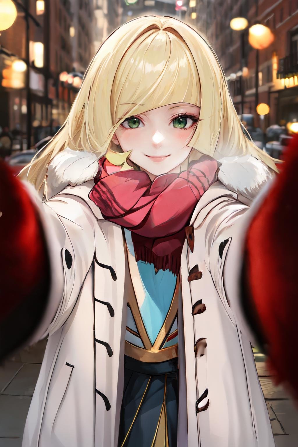 pov cheek warming, 1girl, smile,  solo, looking at viewer, coat, scarf,  <lora:pov_cheek_warming:1>    <lora:lusamine_pokemon:1> Lusamine, very long hair,blonde hair ,green eyes