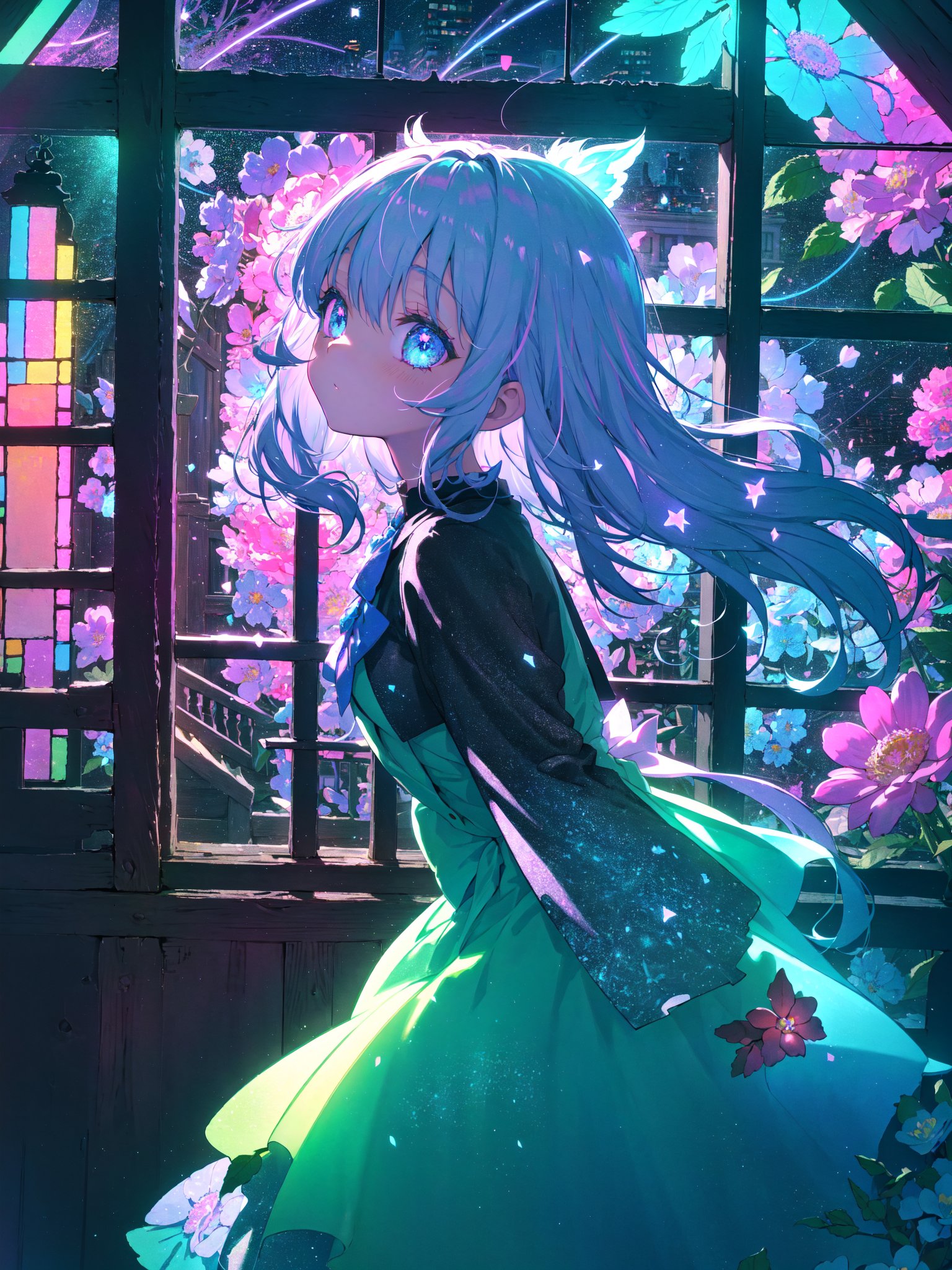 <lora:「清辉琉璃」-Zycc_v1:0.8>,(masterpiece:1,2),best quality,detailed hair,detailed eyes,(detailed face),vibrant cityscapes,a kawaii girl,an old wood window at day,entranceway between building filled with flowers around her,in the style of nightcore,floral impressionism,vivid and clear random color light,lively illustrations,vibrant light,stars flying,illuminated with soft light,in the style of bright color palette,magical girl,cute and dreamy,colorful drawings,softly luminous,radiant clusters,calming,Dreamy,Mid shot,cowboy shot,16k,