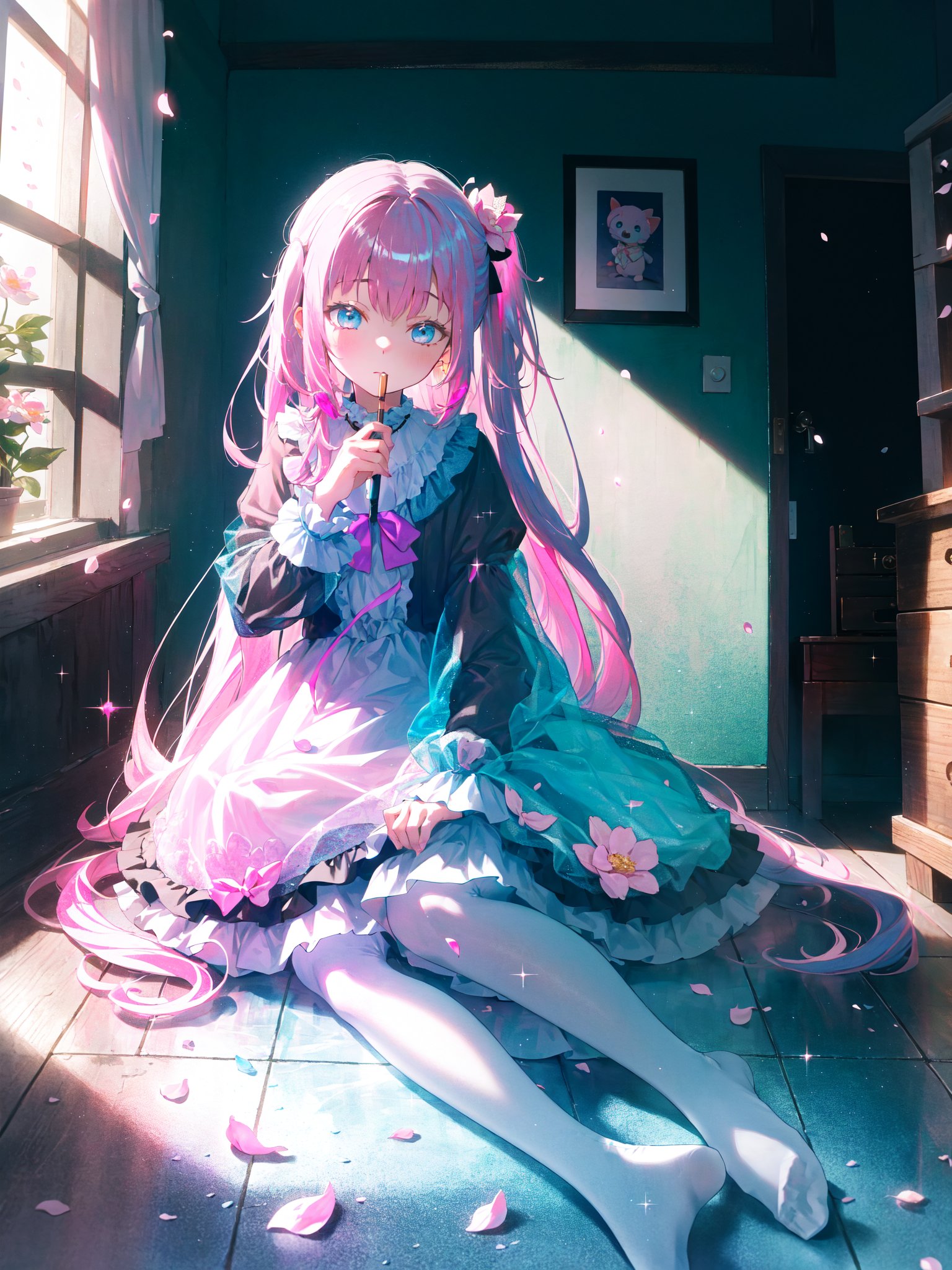 <lora:「清辉琉璃」-Zycc_v1:0.8>,masterpiece,best quality,(ray tracing,cinematic lighting),sunlight,indoors,potted plant,colorful petals,colorful flowers,1girl,solo,(petite, loli :1.4),full body,half-closed eyes,(no shoe:1.2),(pastel (medium):1.35),sparkle,1girl,[(pink hair:1.5):5],(blue eyes|sparkle),(white pantyhose:1.2|see-through),(absurdly long hair:1.4),(one side up:1.3),(white+pink dress:1.25|lolita),long sleeves,(side-tie panties:0.3),sitting backwards,(light smile:0.4),(:D:0.345),momo blossoms,