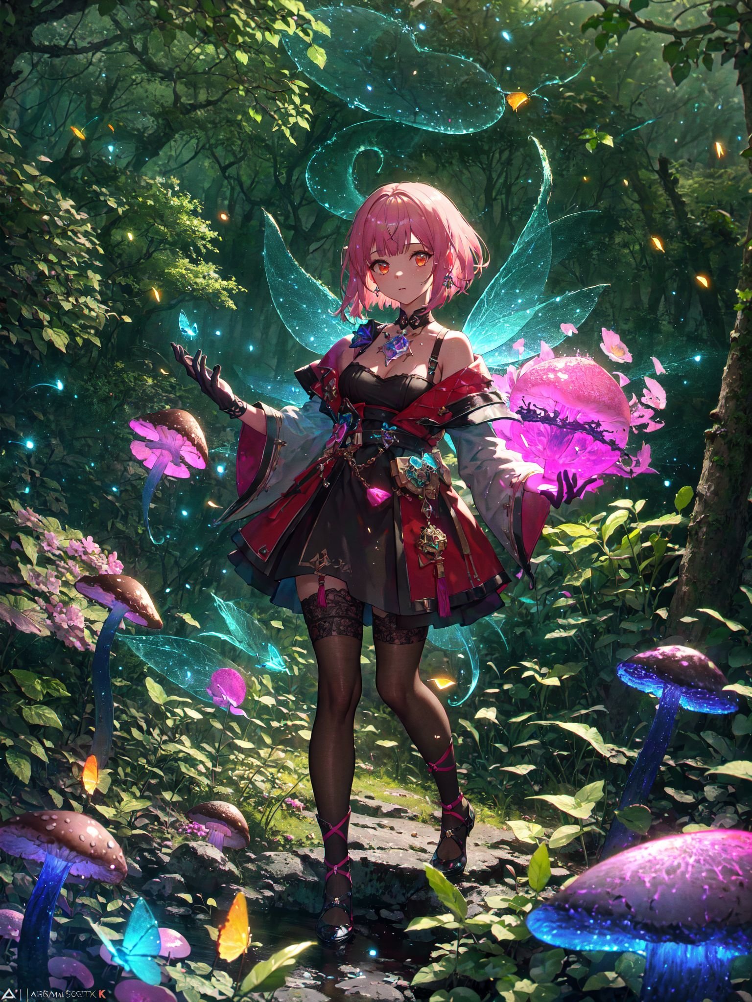 <lora:「清辉琉璃」-Zycc_v1:0.8>,masterpiece,best quality,high quality,extremely detailed CG unity 8k wallpaper,An enchanting and dreamy scene of a fantasy forest,(with towering trees),(pink),glowing mushrooms,and hidden fairy glens,creating a sense of mystique and enchantment BREAK (1 cute girl, solo, chasing fireflies:1.5, full body),artstation,digital illustration,intricate,trending,pastel colors,oil paiting,award winning photography,Bokeh,Depth of Field,HDR,bloom,Chromatic Aberration,Photorealistic,extremely detailed,trending on artstation,trending on CGsociety,Intricate,High Detail,dramatic,