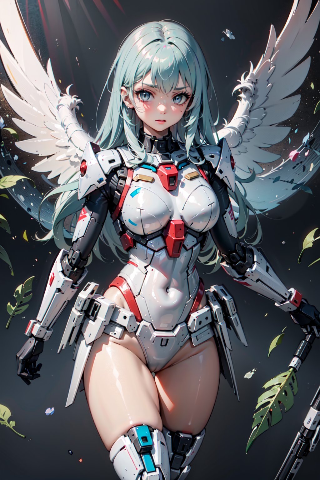 1girl, mechanical, solo, long hair, grey eyes, feathers, mecha,  metal,  space