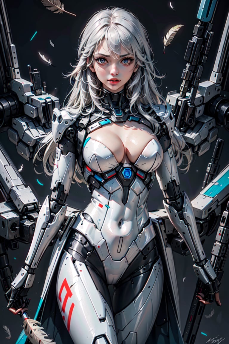 1girl, mechanical, solo, long hair, grey eyes, feathers,, cyborg, cowboy shot, joints, robot joints, lips, mechanical arms, looking at viewer, arms at sides,, white hair, realistic, mechanical parts, android, blue eyes,