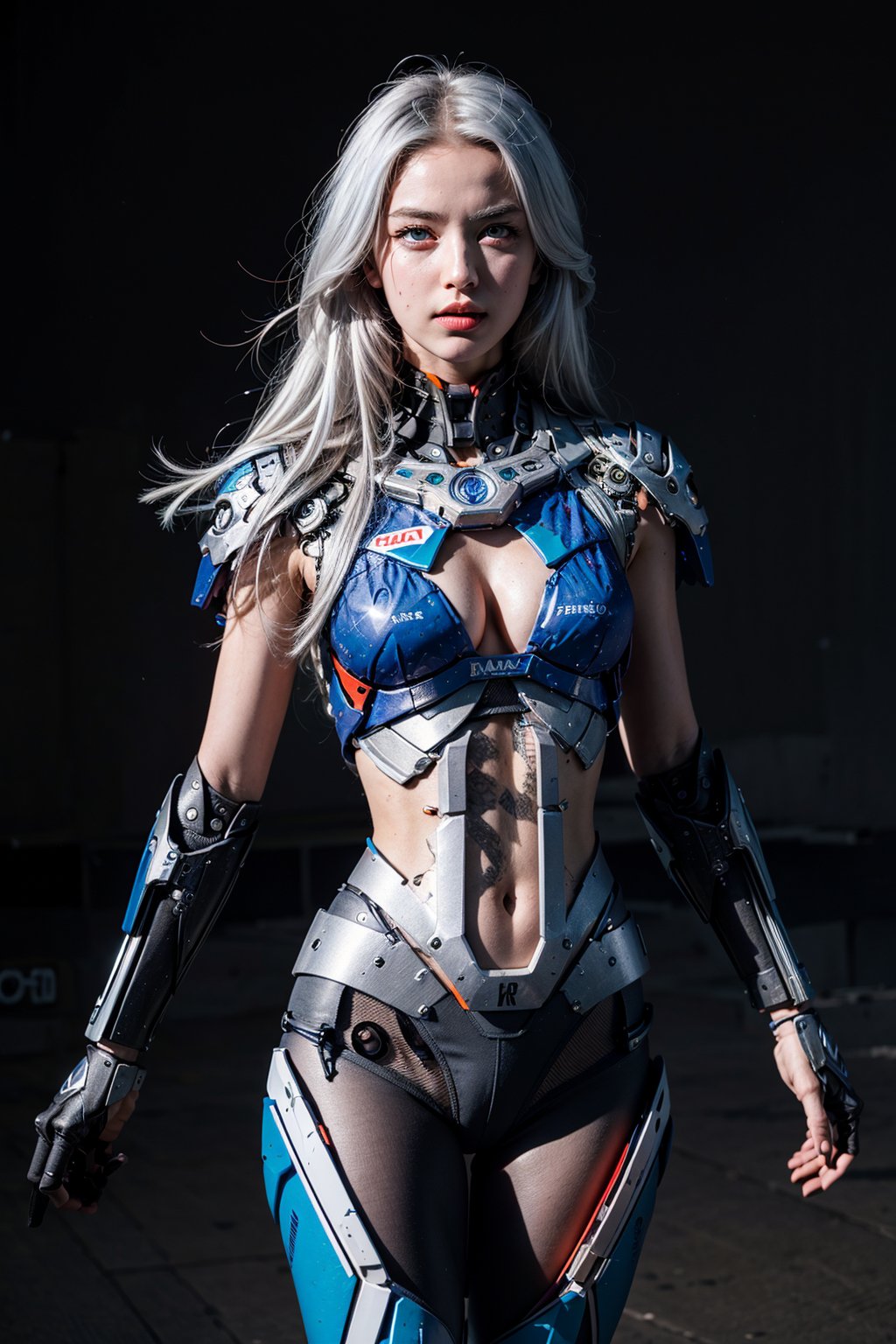 1girl, mechanical, solo, long hair, grey eyes, feathers,, cyborg, cowboy shot, joints, robot joints, lips, mechanical arms, looking at viewer, arms at sides,, white hair, realistic, mechanical parts, android, blue eyes,