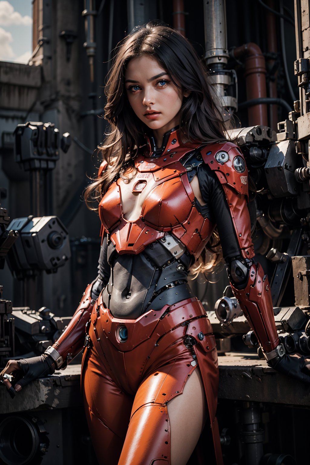 1girl, mechanical, solo, long hair, grey eyes, feathers, cowboy shot, joints, robot joints, lips, mechanical arms, looking at viewer, arms at sides,,red suit, realistic, mechanical parts, blue eyes,