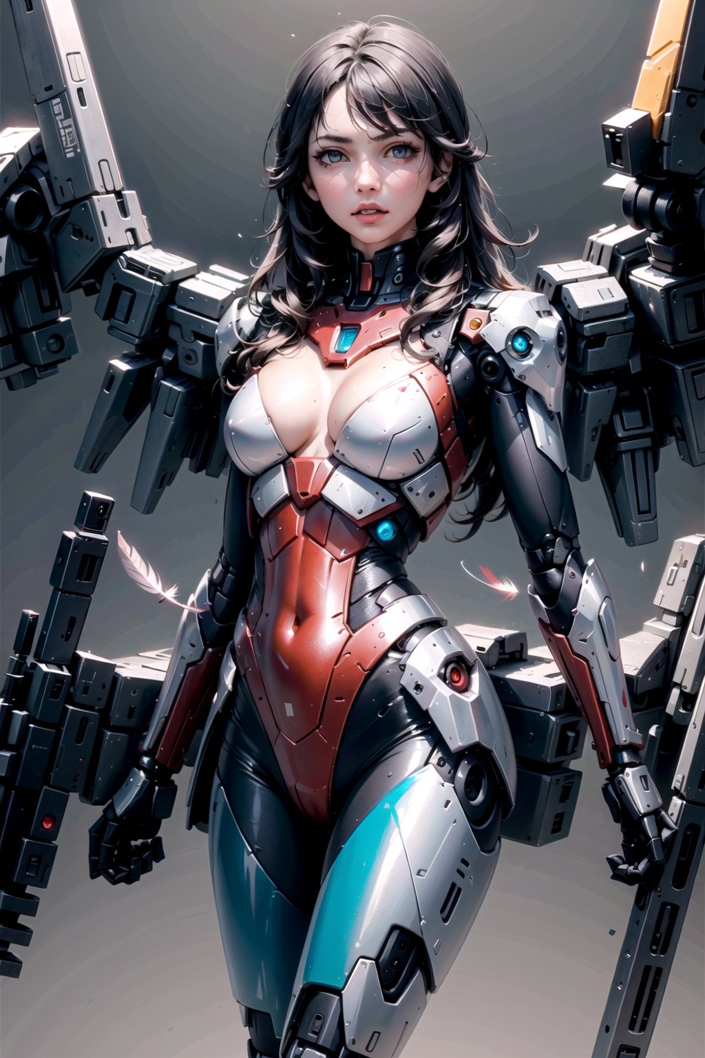 1girl, mechanical, solo, long hair, grey eyes, feathers,, cyborg, cowboy shot, joints, robot joints, lips, mechanical arms, looking at viewer, arms at sides,,red suit, realistic, mechanical parts, android, blue eyes,