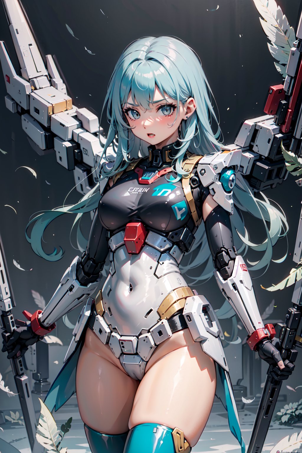 1girl, mechanical, solo, long hair, grey eyes, feathers, mecha,  metal