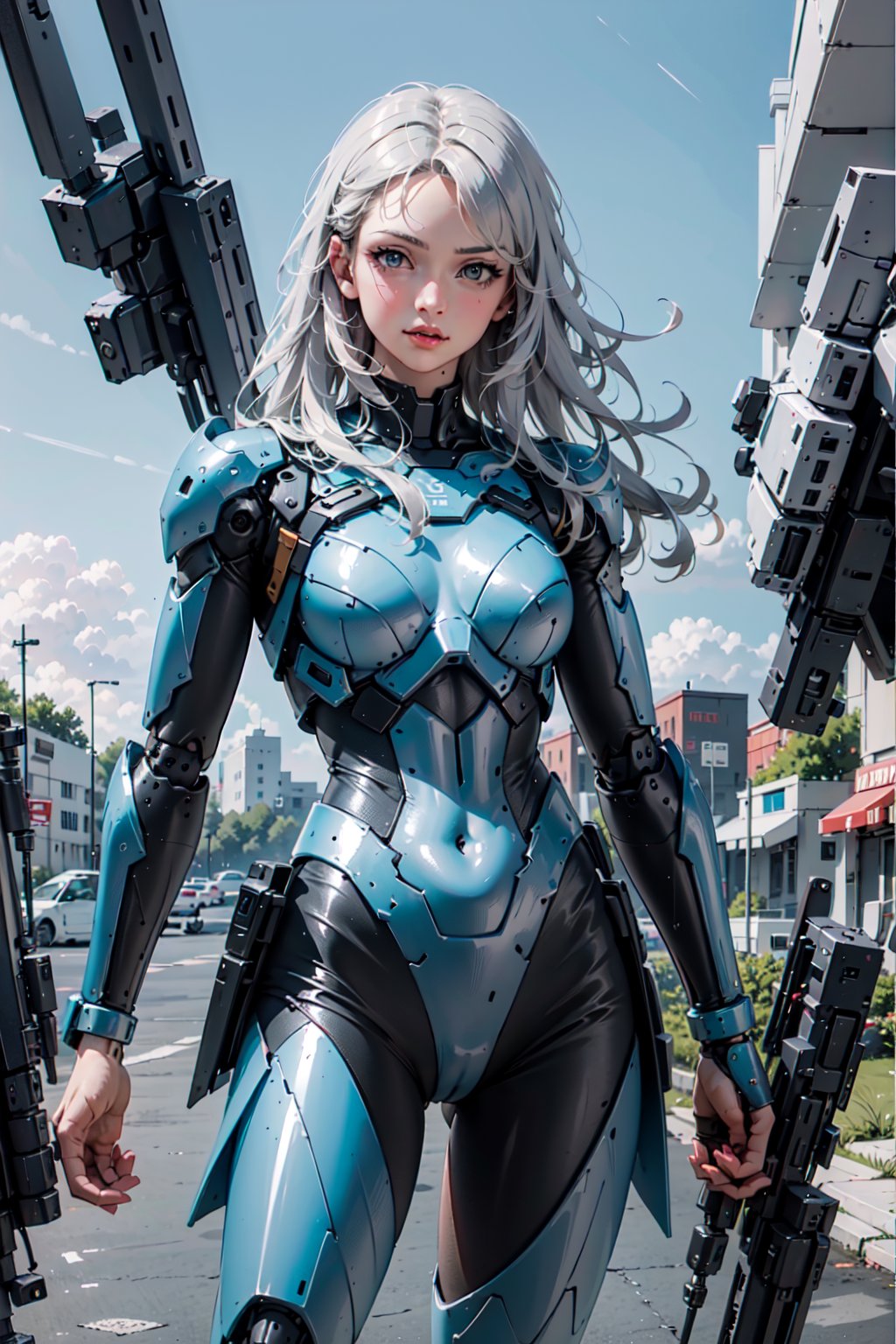 1girl, mechanical, solo, long hair, grey eyes, feathers, cowboy shot, joints, robot joints, lips, mechanical arms, looking at viewer, arms at sides, realistic, mechanical parts, blue eyes,