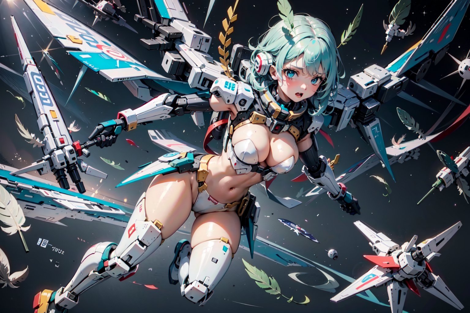 1girl, mechanical, solo_female, feathers, mecha_musume ,  metal,  outer_space 