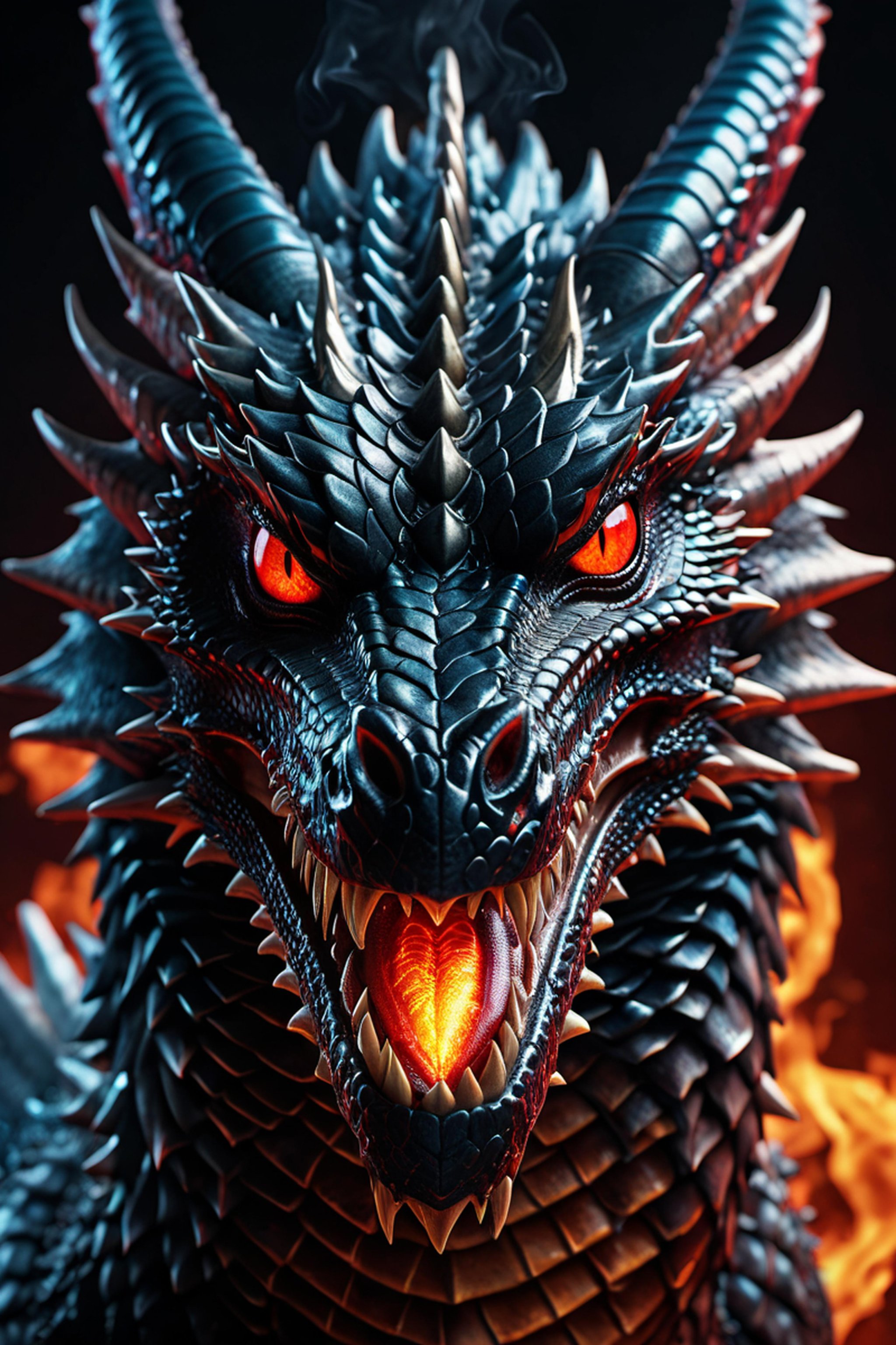 ASCII magnificent,powerfull , evil black dragon, glowing dragon red eyes, ((ultra detailed dragon eye balls)) detailed scales, twisted horns,(cinematic pose),looking at the viewer, fire effects, smoke effect, (detailed dragon scales),stunning realistic photograph, 3d render, octane render, intricately detailed, cinematic, Isometric,, deviant art masterpiece, colour grading, dark illustration, extreme quality, extremely detailed, ultra-detailed face, ultra hd 8k, concept art, hyperdetailed, triadic colours, fantastical, intricate detail, splash screen, complementary colours, fantasy concept art, 8k resolution, soft lighting, film photography, film grain, hyperrealist