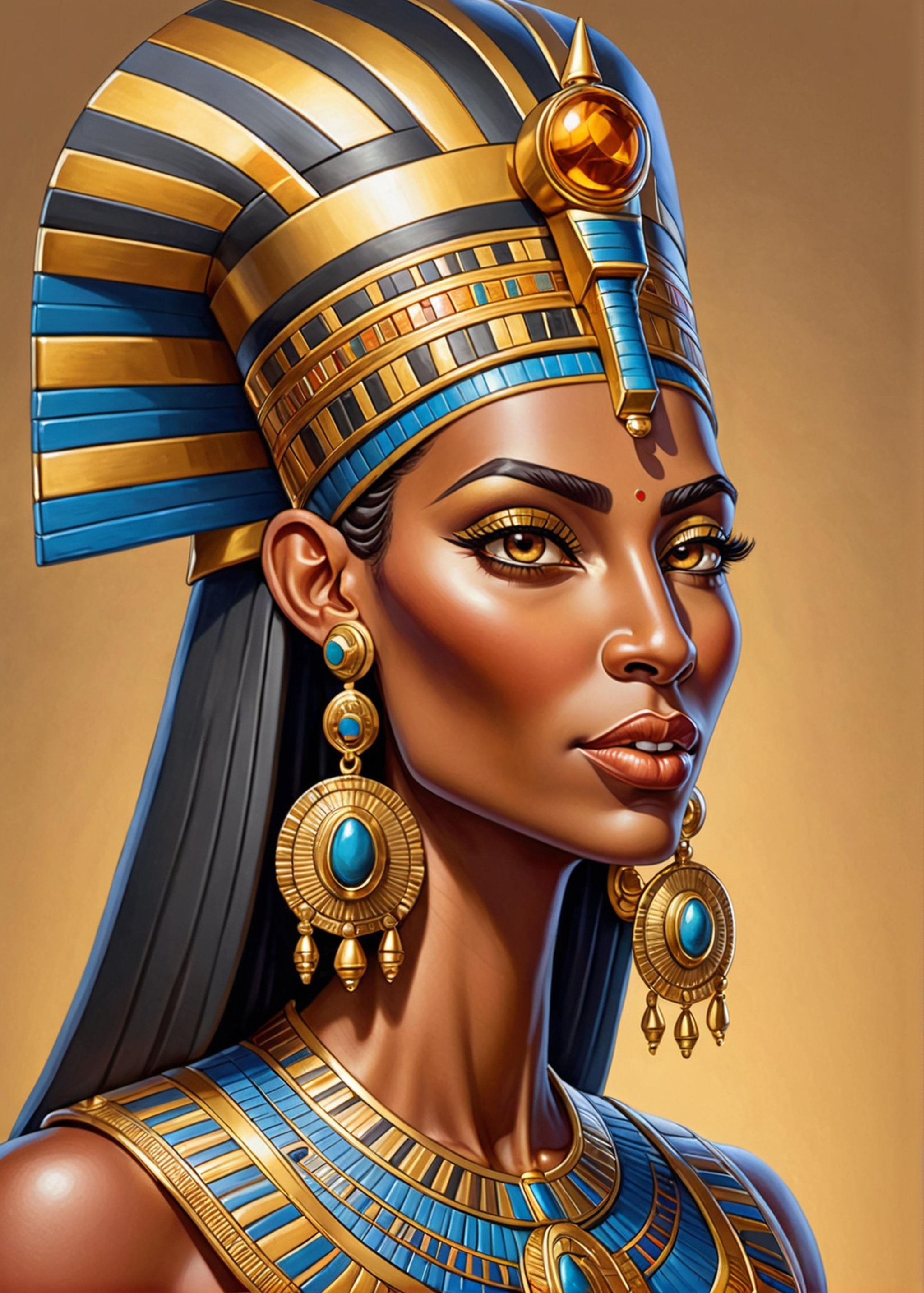 masterpiece, best quality, intricate detail, caricature of a beautiful woman pharaoh ruler of the egyptian, brown skin, amber eyes, thick lips, gold earrings, gold trim, gold