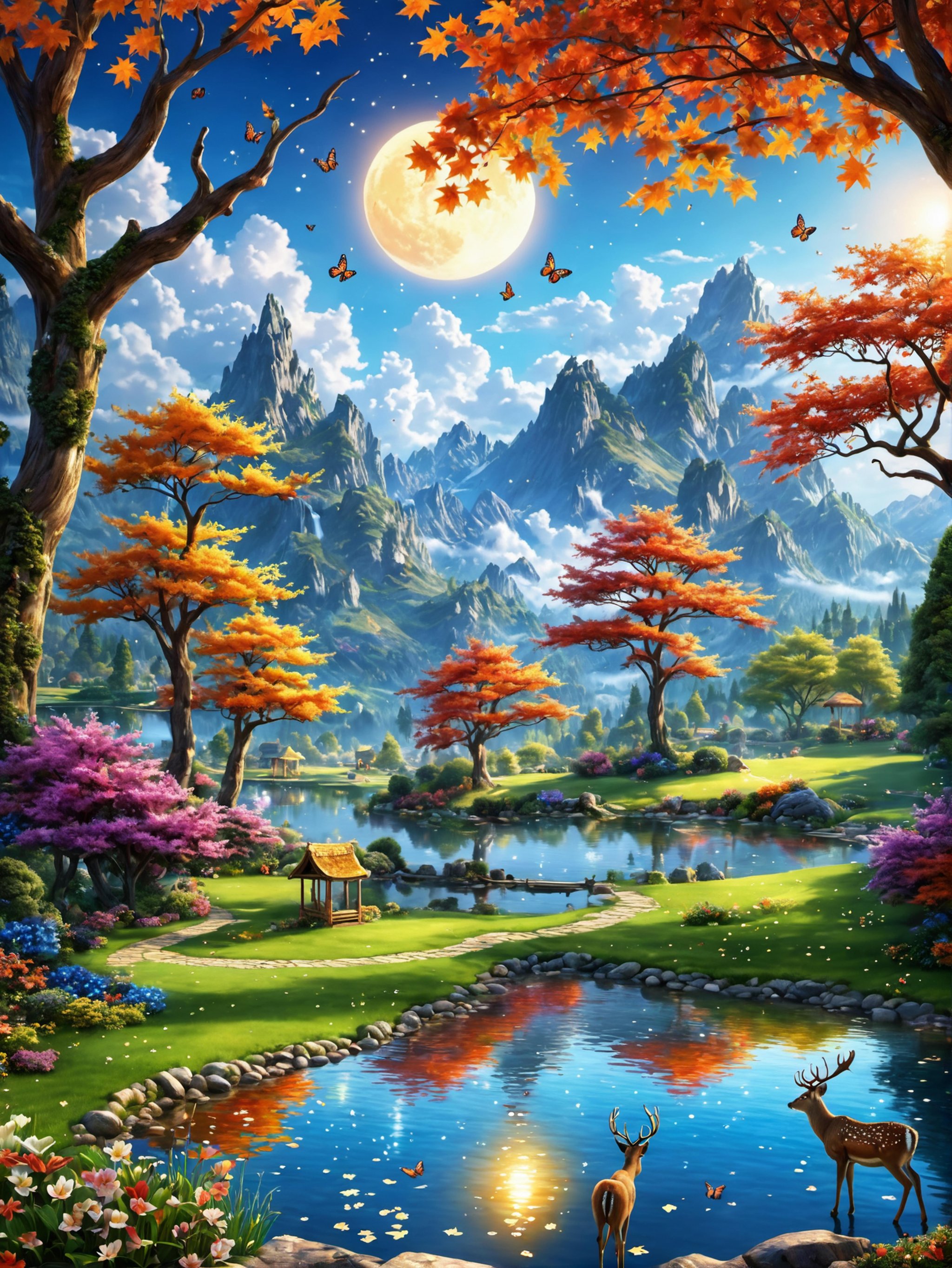 (high quality:1.4), (best quality:1.4), (masterpiece:1.4), epic fantasy garden, official art, official wallpaper, surreal,  flying butterfly:1.1, detailed landscape:1.1, magic in the air:1.1, stardust:1.1, night sky, whimsical atmosphere:1.1, dreamlike world:1.1, maple leaf,   moonlight:1.1,deer ,pond:1.1, enchanted garden, wisdom:1.1, powerful energy:1.1, guardian angels:1.1, peaceful:1.1, vibrant colors, (detailed:1.05), (extremely detailed:1.06), sharp focus, (intricate:1.03), cinematic lighting, (extremely intricate:1.04), (epic scenery:1.09), vibrant colors, (beautiful scenery:1.08), (detailed scenery:1.08), (intricate scenery:1.07), (wonderful scenery:1.05),, (sharp focus,absurdres,high quality,masterpiece,highres,best quality:1.5)