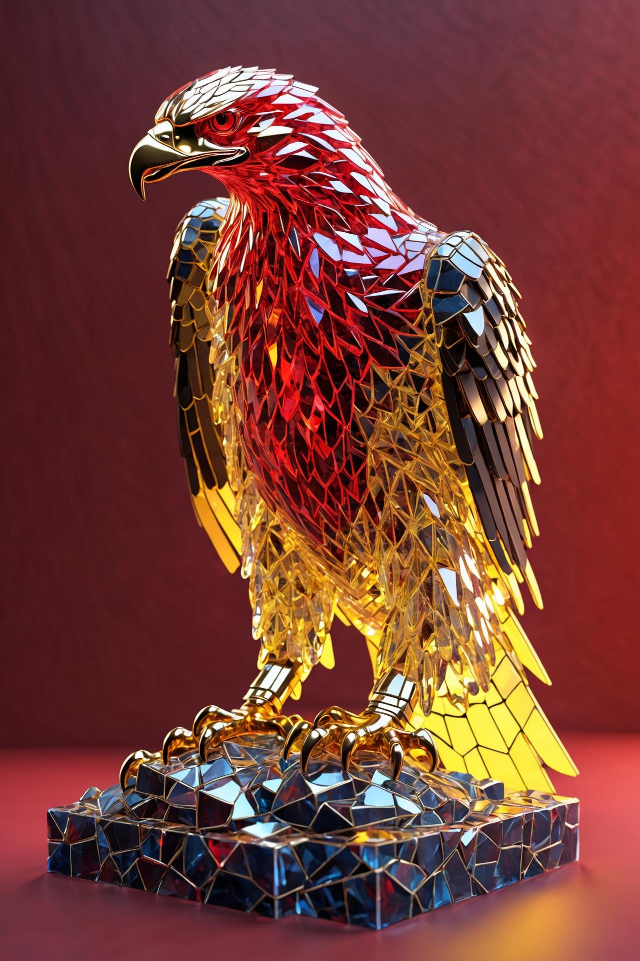 statue made of glowing crystal tiles,eagle made completely of tiles, scifi, masterpiece, 3d tiles, 3d shadows, neon red,gold, neon yellow background , (masterpiece:1.2), best quality, (hyperdetailed, highest detailed:1.2), high resolution textures,   shards, glass, brocken glass, transparent glass, pieces of glass, Made_of_pieces_broken_glass