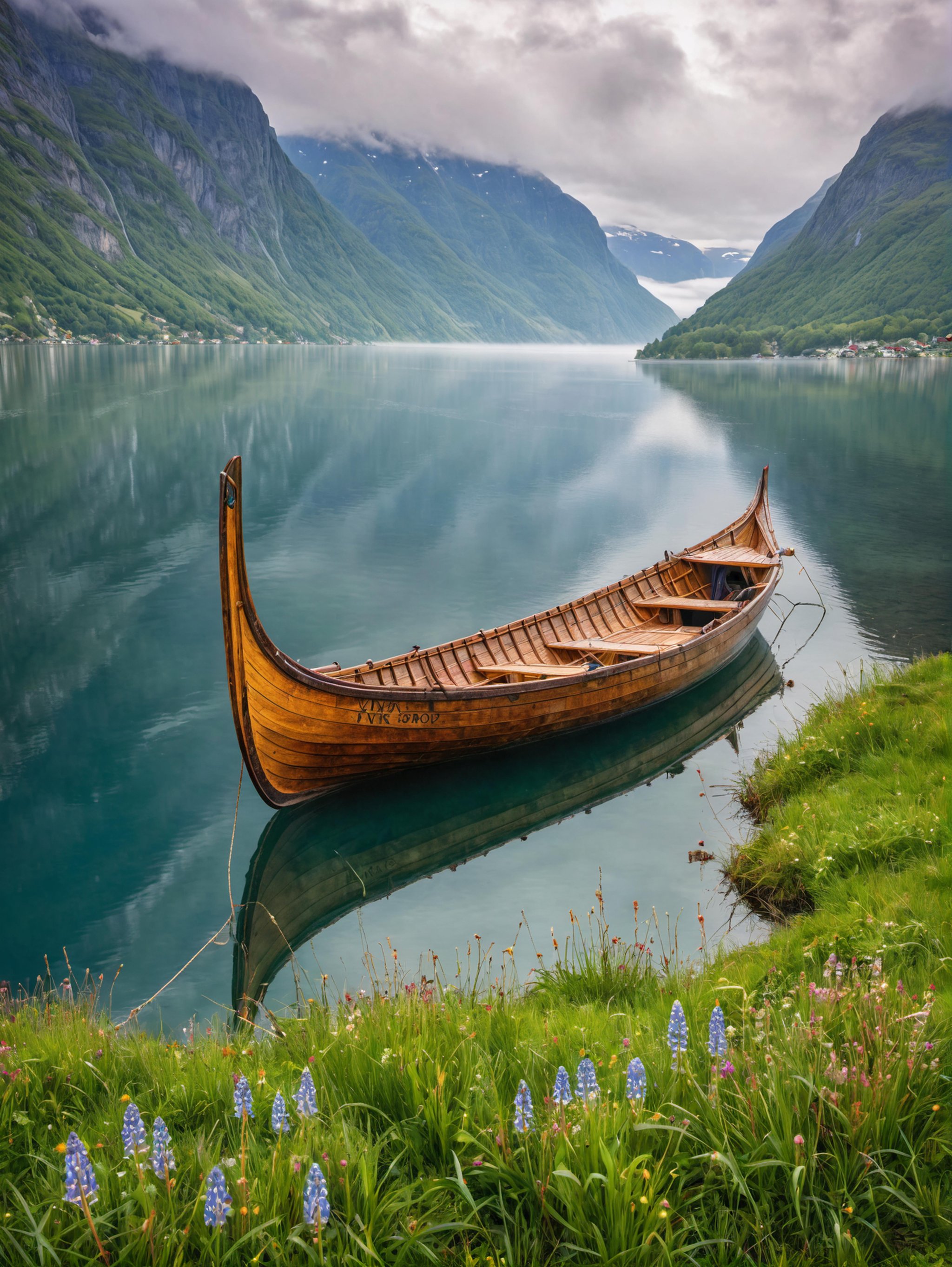 8k breathtaking view of a shored Viking Boat laying on grass, Njardar (Sognefjord) , milky haze, morning lake mist, masterpiece, award-winning, professional, highly detailed in yvonne coomber style, undefined