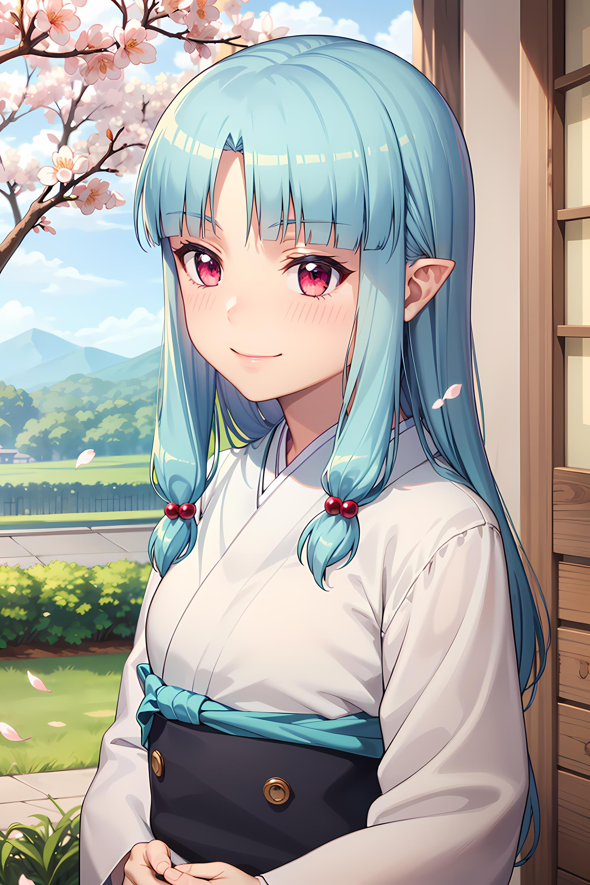 best quality, masterpiece, detailed,<lora:Tsugumomo_Kiriha:0.9>, Kiriha,1girl, closed mouth, smile, blush,aqua hair, red eyes, long hair, hair beads, blunt bangs, parted bangs, pointy ears,KirihaKimono, japanese clothes, white kimono, (blue obi:1.2),standing, (facing viewer:1.2), portrait, looking at viewer,outdoors, cherry blossoms, petals, falling petals