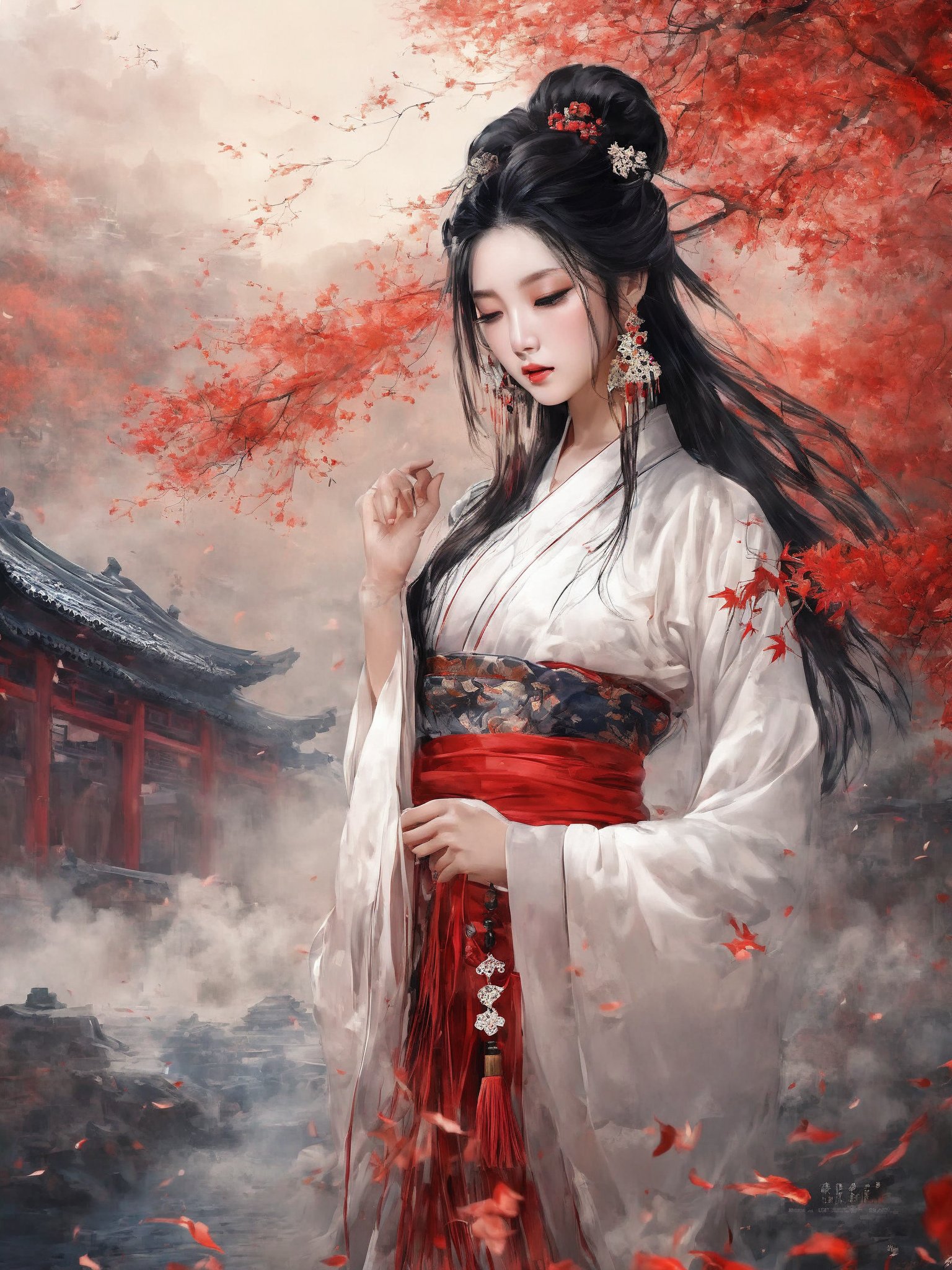 beauty which overthrows states and cities,full body,1girl,solo,dance,tears,an extremely delicate and beautiful girl,rouge,medium chest, jewelry,buttons, earrings,chinese clothes, black hair, long hair, hair ornament, long sleeves, jewelry,tassel, hair ornament, bracelet,sash, flower, necklace,maple leaves,temple,smoke,wind