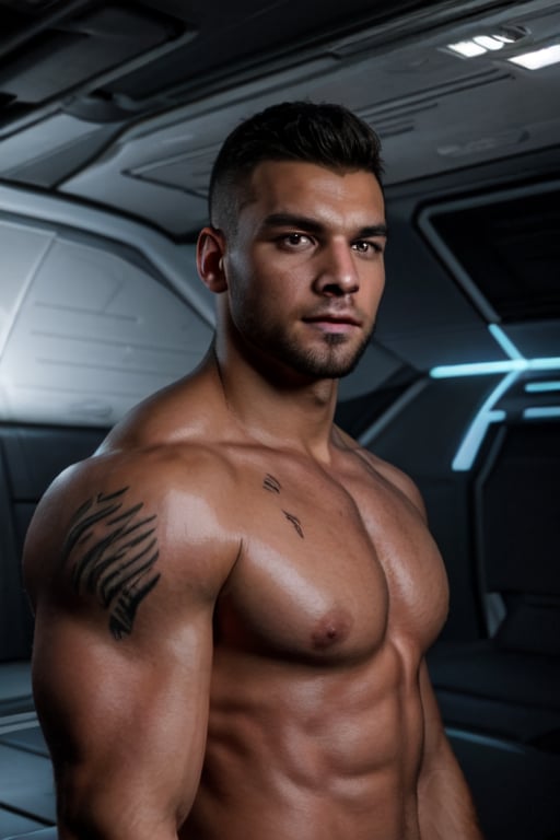 James Vega, solo, extreme short mohawk hair, black hair, brown eyes, tan skin, facial hair, 1boy, (tattoo), (topless, shirtless), muscular, bulky, shiny skin, handsome, charming, alluring, intense gaze, standing, (upper body in frame), Mass Effect location, futuristic, space ship, dark atmosphere, cinematic light, perfect anatomy, perfect proportions, perfect perspective, 8k, HQ, HD, UHD, (best quality:1.2, hyperrealistic:1.2, photorealistic:1.2, madly detailed CG unity 8k wallpaper:1.2, masterpiece:1.2, madly detailed photo:1.2), (hyper-realistic lifelike texture:1.2, realistic eyes:1.2), picture-perfect face, perfect eye pupil, detailed eyes, front view