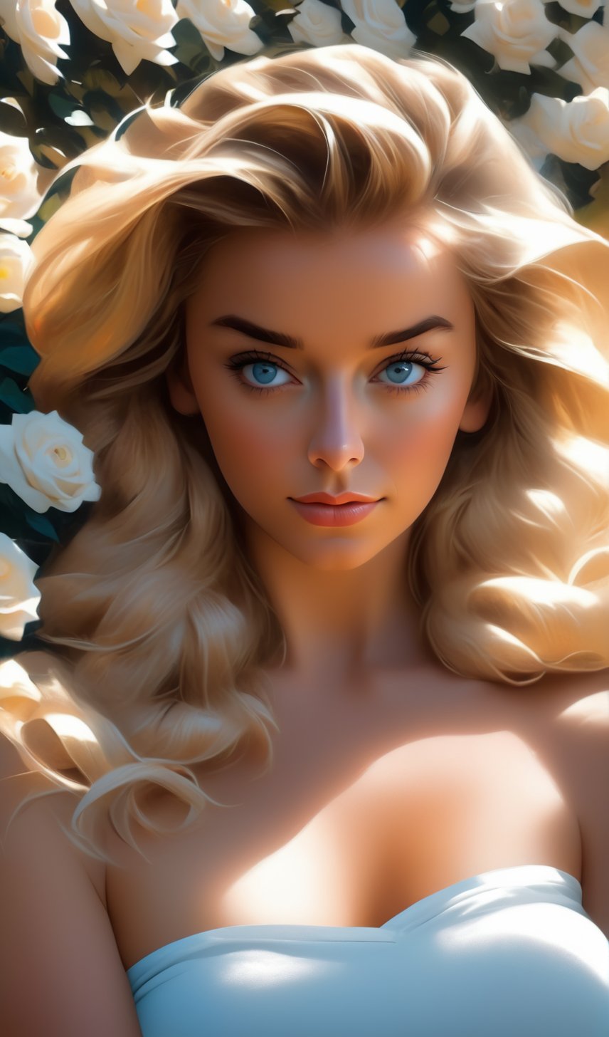 Photorealistic half body portrait of Hyperrealistic character by Alena Aenami, beautiful blond Woman, lying in a garden of white roses, with beautiful blue eyes, detailed and realistic, soft and dreamy hues, cinematic light and shadows
,Anime 