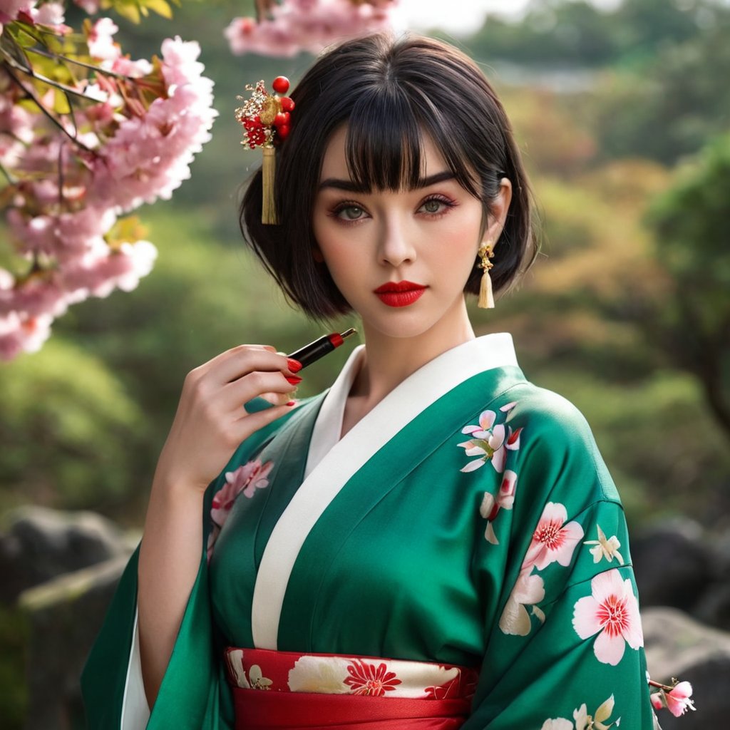 1girl, looking at viewer, short hair, bangs, black hair, hair ornament, green eyes, upper body, flower, outdoors, parted lips, japanese clothes, multiple boys, solo focus, day, kimono, tree, lips, makeup, chinese clothes, floral print, lipstick, tassel, eyeshadow, realistic, red lips, kanzashi







